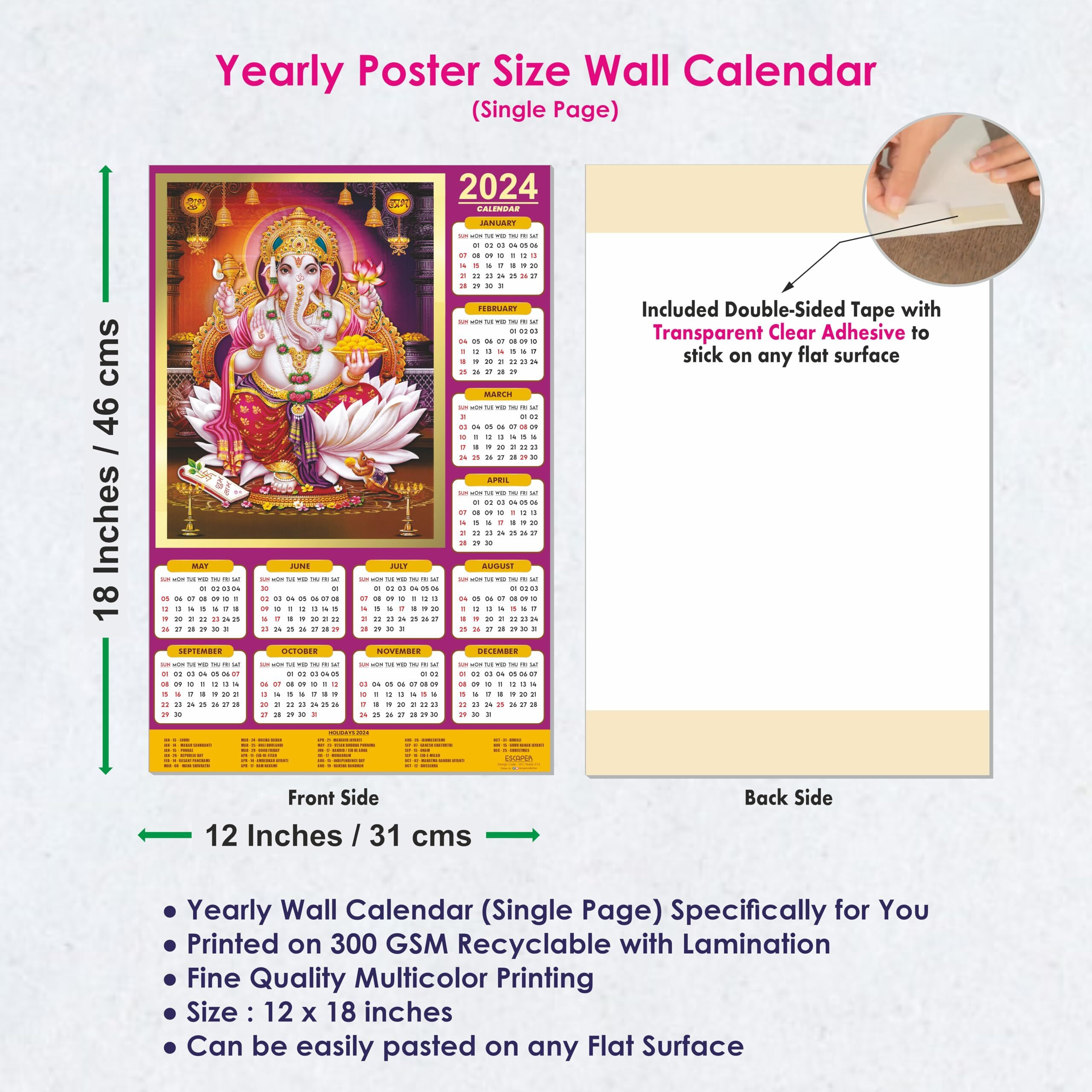 ESCAPER Hindu Lord Ganesha Wall Hanging Calendar 2024 Unique Indian God Theme Wallpaper Easy Application Perfect New Year Gift (12 x 18)