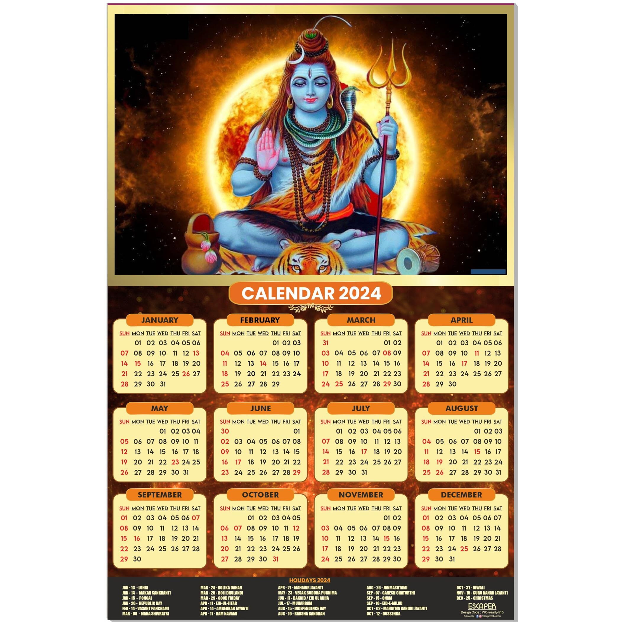 ESCAPER Lord Shiva Wall Calendar 2024 for Wall Unique Indian God Theme Wallpaper Easy Application Perfect New Year Gift (12 x 18)
