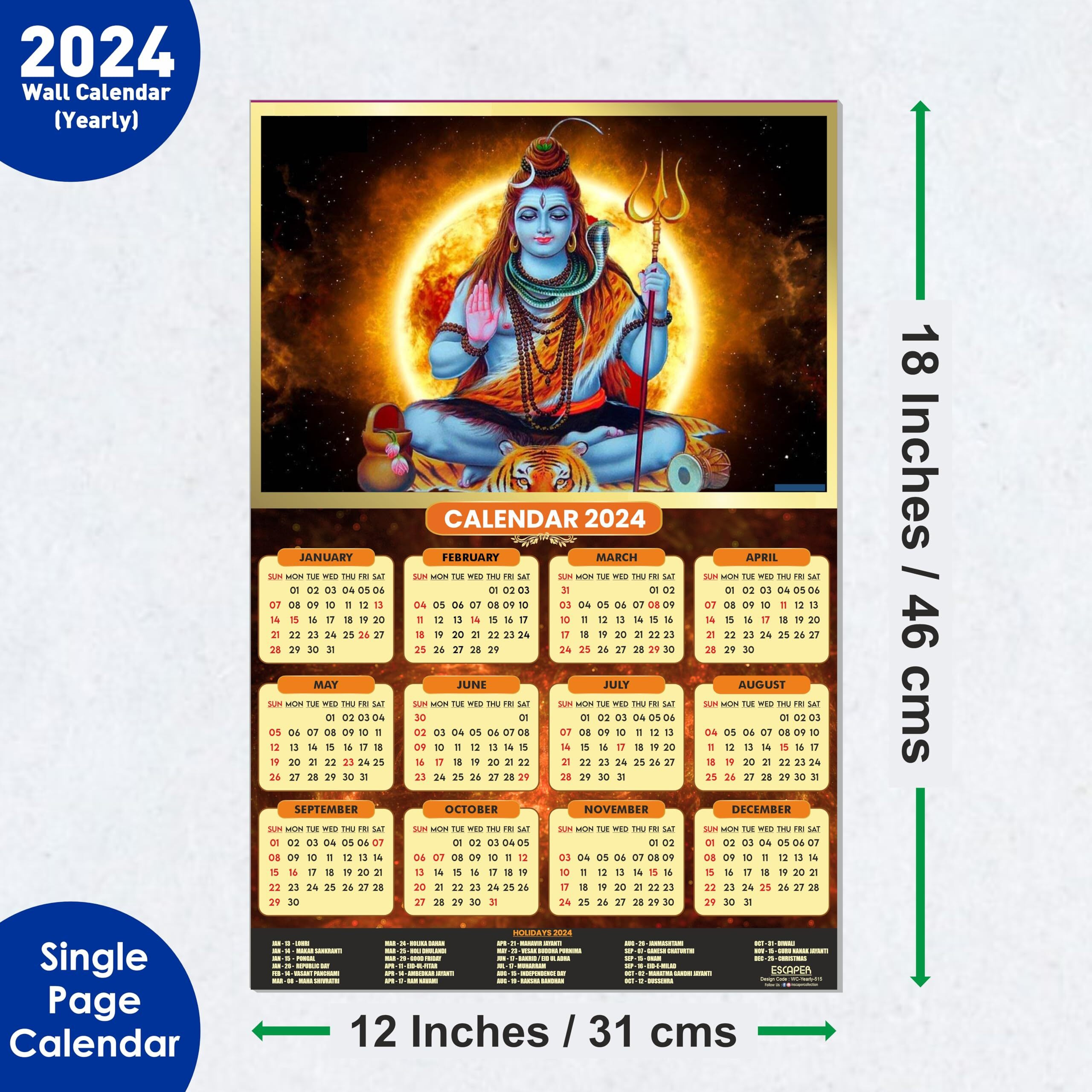 ESCAPER Lord Shiva Wall Calendar 2024 for Wall Unique Indian God Theme Wallpaper Easy Application Perfect New Year Gift (12 x 18)