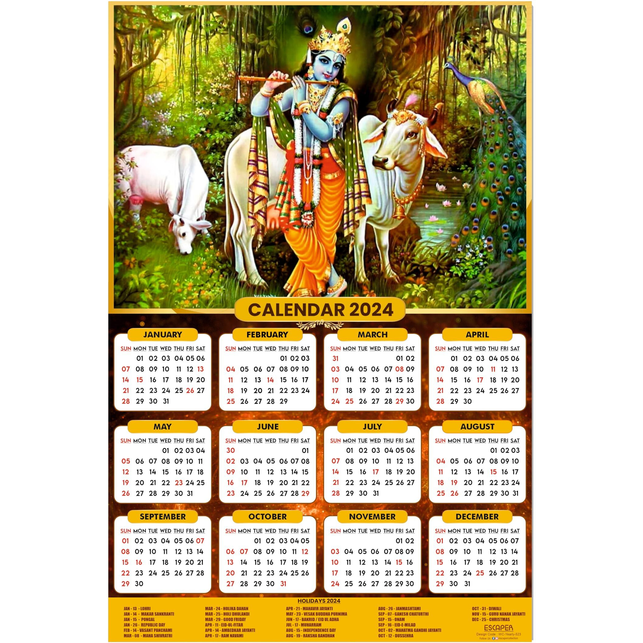 ESCAPER Cow Theme Lord Krishna Calendar 2024 for Wall Big Size Unique God Theme Wallpaper Easy Application Perfect New Year Gift (12 x 18)