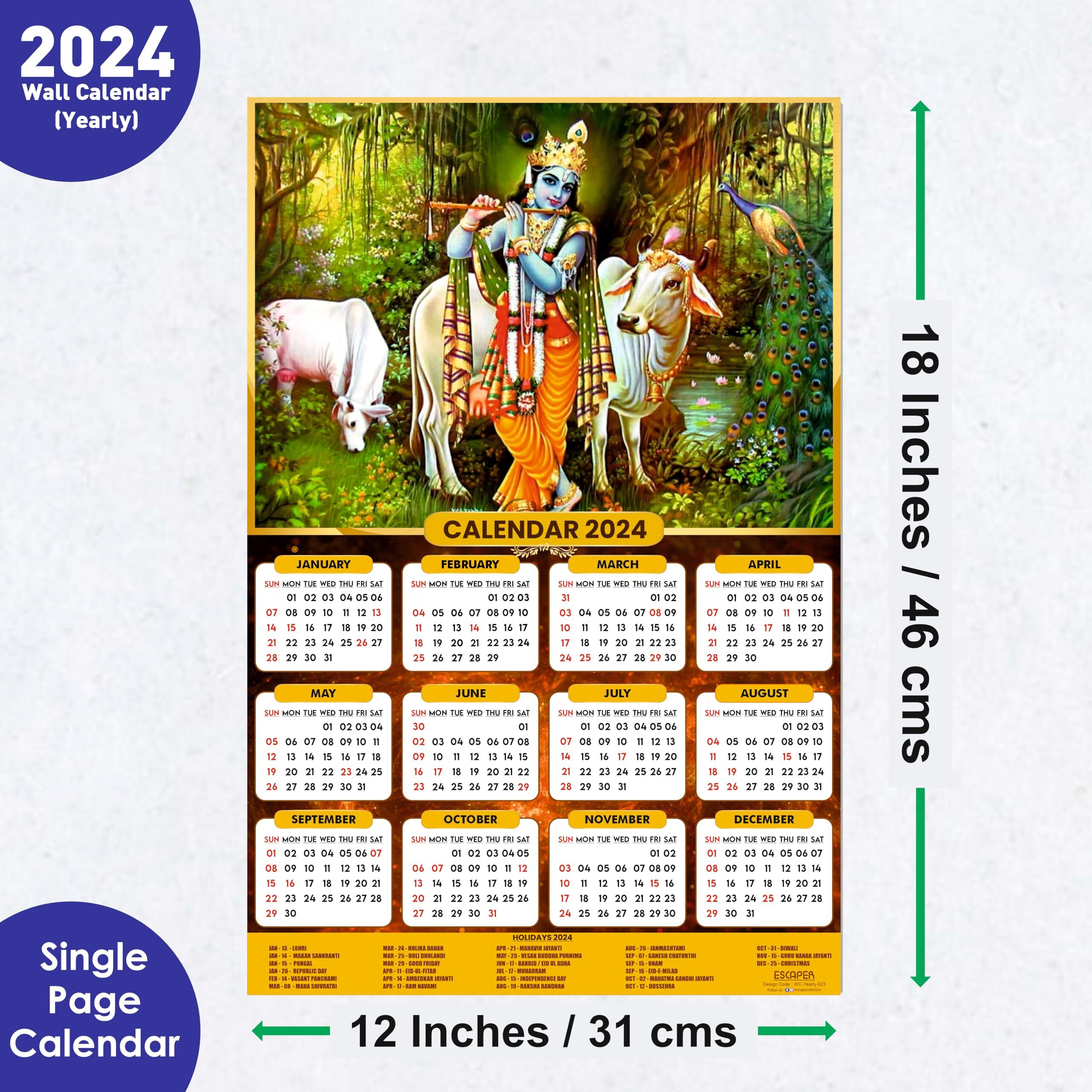 ESCAPER Cow Theme Lord Krishna Calendar 2024 for Wall Big Size Unique God Theme Wallpaper Easy Application Perfect New Year Gift (12 x 18)