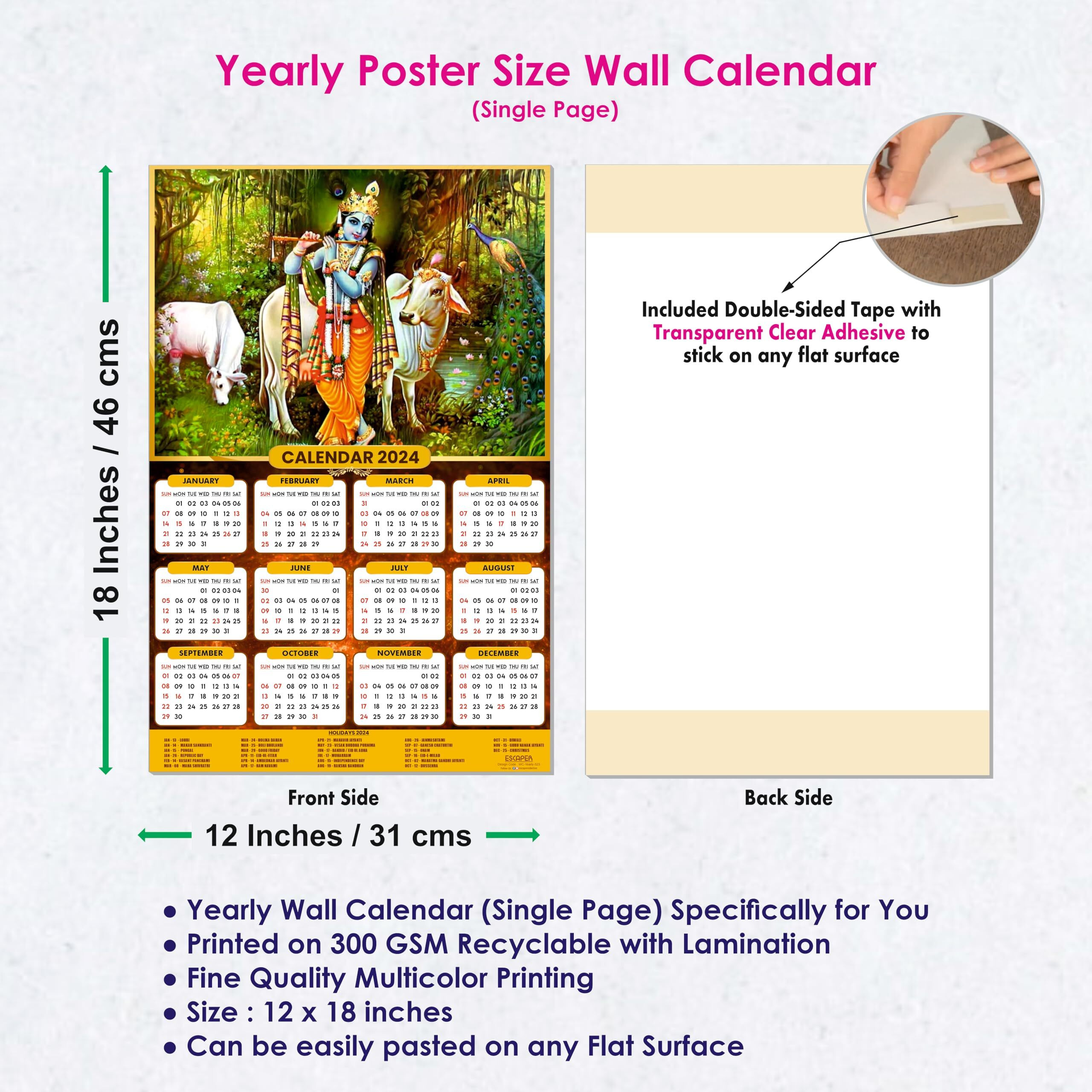 ESCAPER Cow Theme Lord Krishna Calendar 2024 for Wall Big Size Unique God Theme Wallpaper Easy Application Perfect New Year Gift (12 x 18)