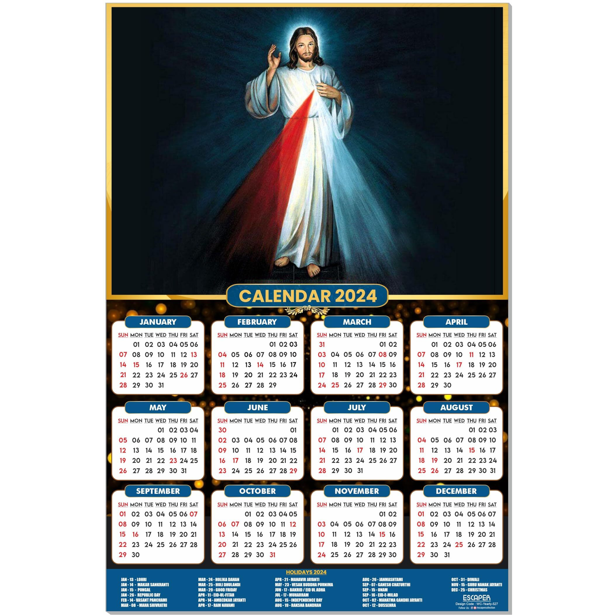 ESCAPER Jesus Christ Calendar 2024 for Wall Single Page Yearly Wall Hanging Easy Application Perfect New Year Gift (12 x 18)
