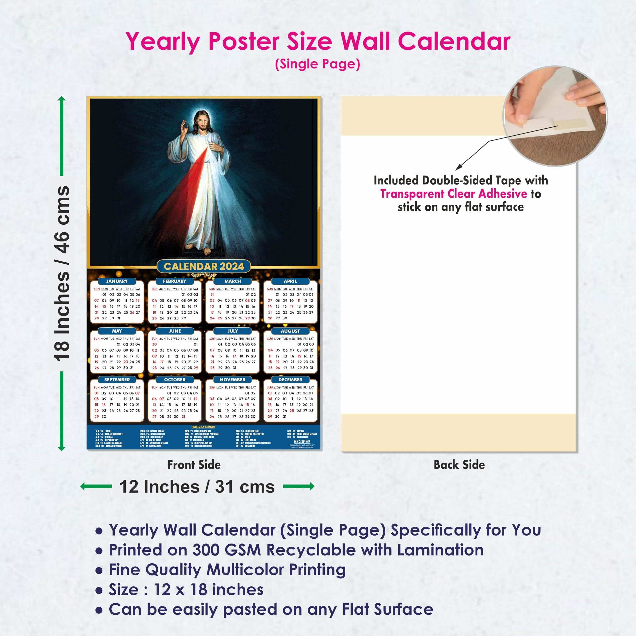 ESCAPER Jesus Christ Calendar 2024 for Wall Single Page Yearly Wall Hanging Easy Application Perfect New Year Gift (12 x 18)