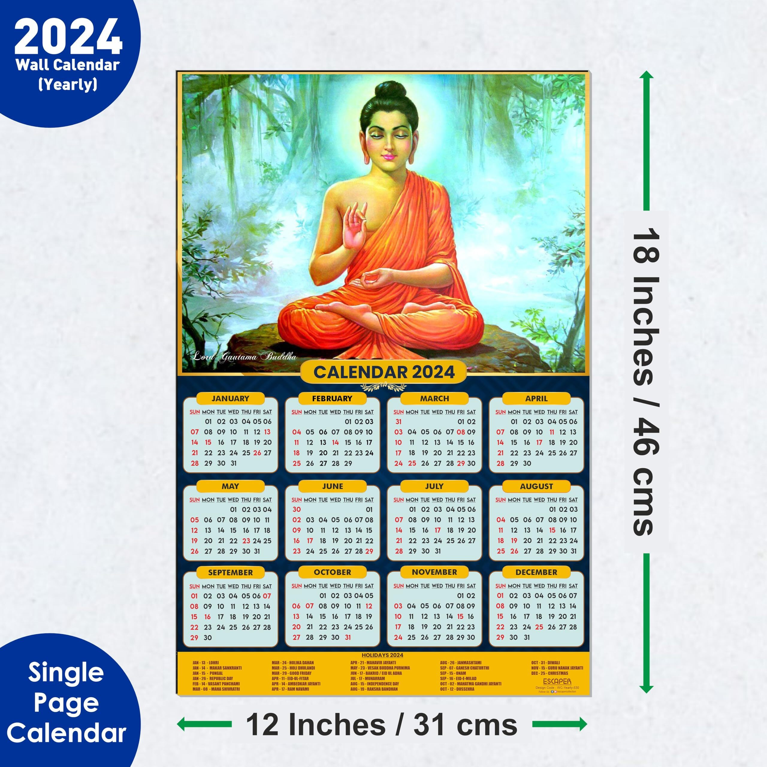ESCAPER Lord Gautam Buddha Calendar 2024 for Wall Single Page Buddist Yearly Wall Hanging Easy Application Perfect New Year Gift (12 x 18)
