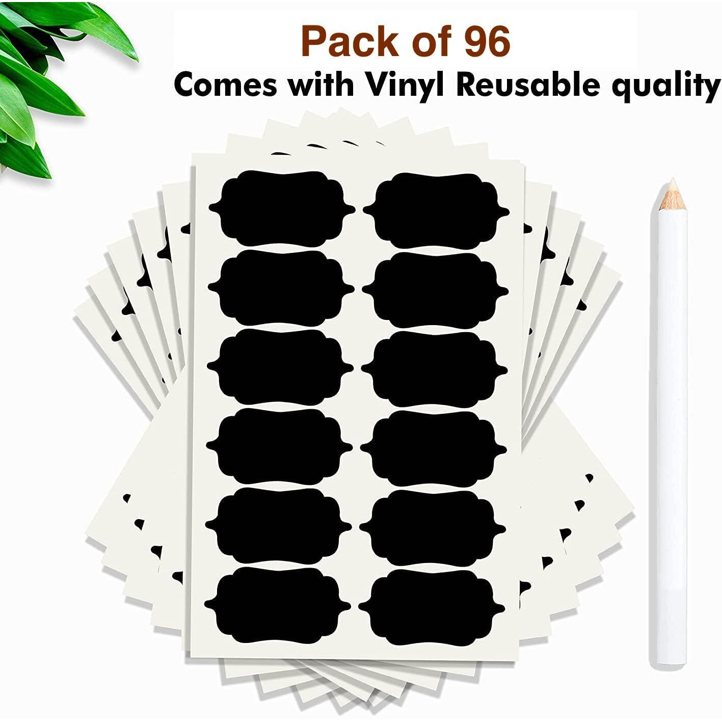 Uzoid Pack of 96 Waterproof Vinyl Self-Adhesive Stickers for Mason Jars Glass Bottles, Decals Craft, Kitchen Jar Labels Stickers with Pencil (Black Design 1, 2.5 Inch X 1.25 Inch)