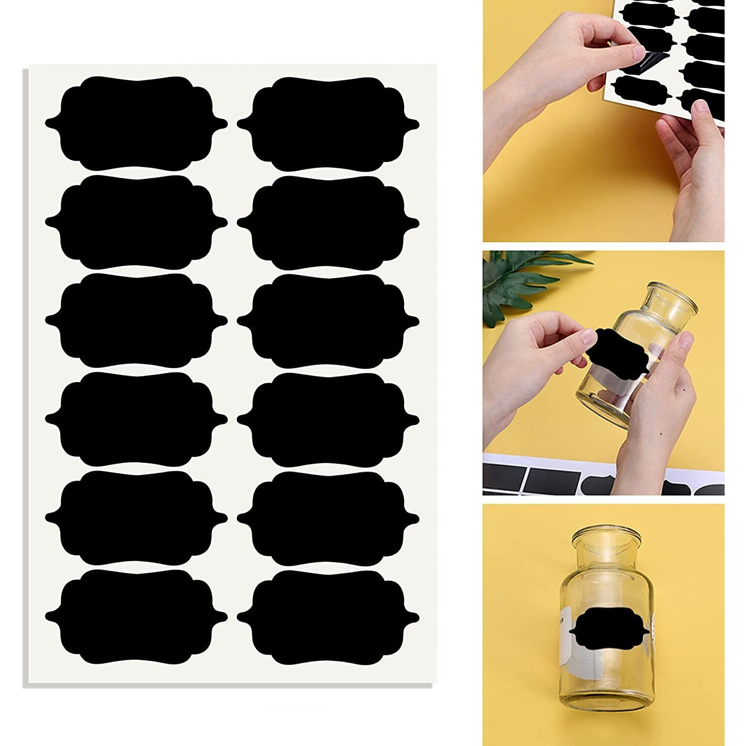 Uzoid Pack of 96 Waterproof Vinyl Self-Adhesive Stickers for Mason Jars Glass Bottles, Decals Craft, Kitchen Jar Labels Stickers with Pencil (Black Design 1, 2.5 Inch X 1.25 Inch)