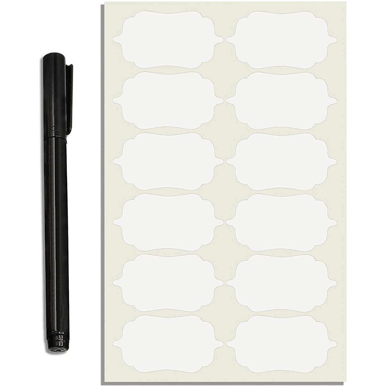 Uzoid Pack of 96 Waterproof Vinyl Self-Adhesive Stickers for Mason Jars Glass Bottles, Decals Craft, Kitchen Jar Labels Stickers with Pen (White Design 1, 2.5 Inch X 1.25 Inch)