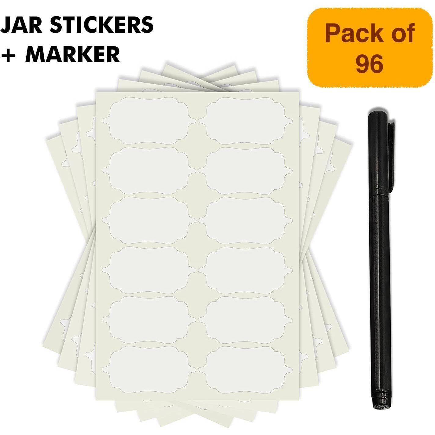 Uzoid Pack of 96 Waterproof Vinyl Self-Adhesive Stickers for Mason Jars Glass Bottles, Decals Craft, Kitchen Jar Labels Stickers with Pen (White Design 1, 2.5 Inch X 1.25 Inch)