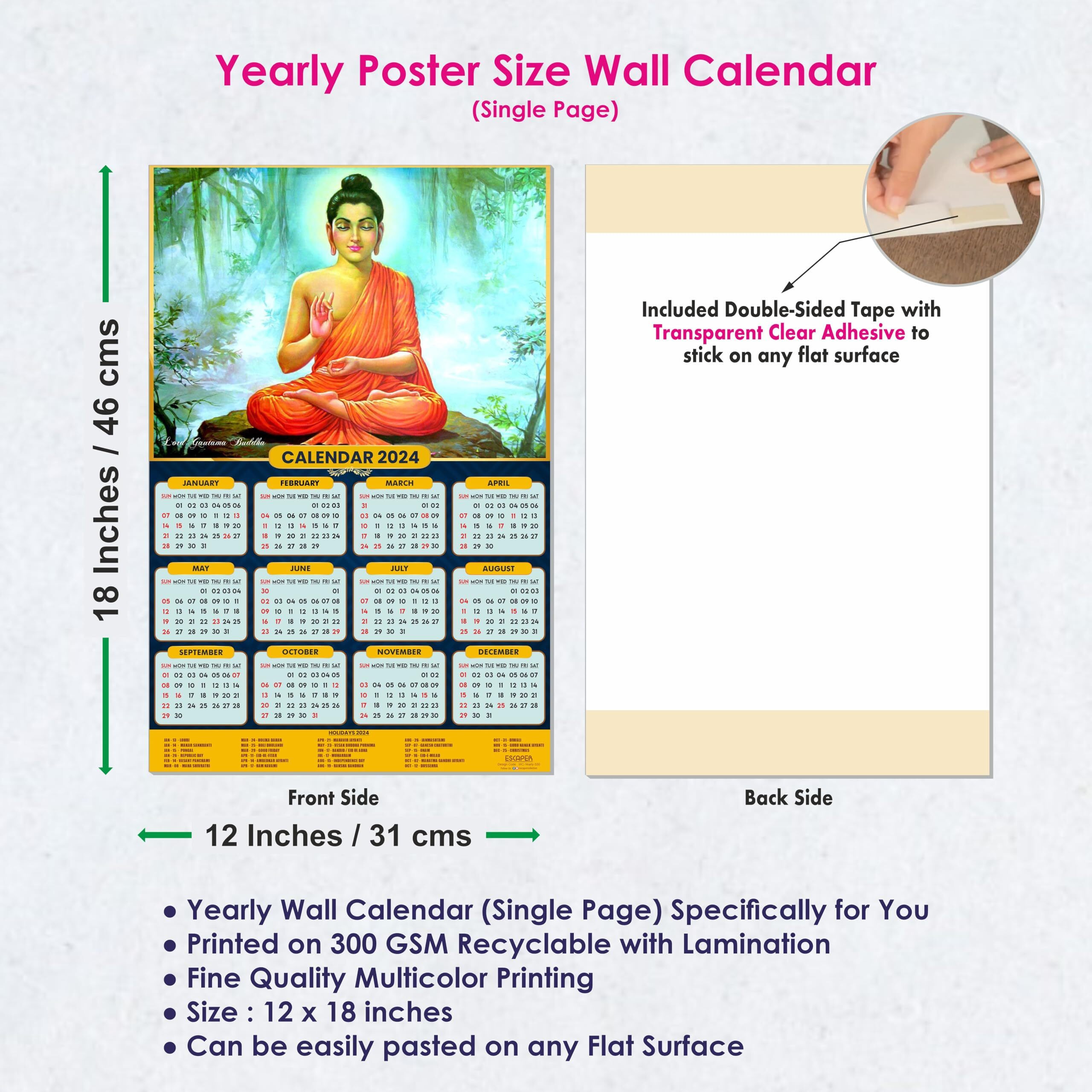 ESCAPER Lord Gautam Buddha Calendar 2024 for Wall Single Page Buddist Yearly Wall Hanging Easy Application Perfect New Year Gift (Pack of 2 Units)