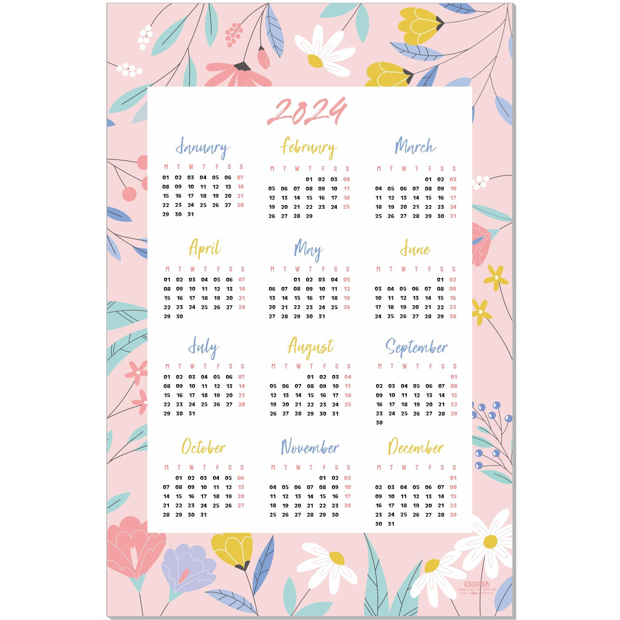 ESCAPER Floral Themes Designer Wall Calendar 2024 for Wall Single Page Yearly Wall Hanging Easy Application Perfect New Year Gift, Baby Pink (Pack of 2 Units)