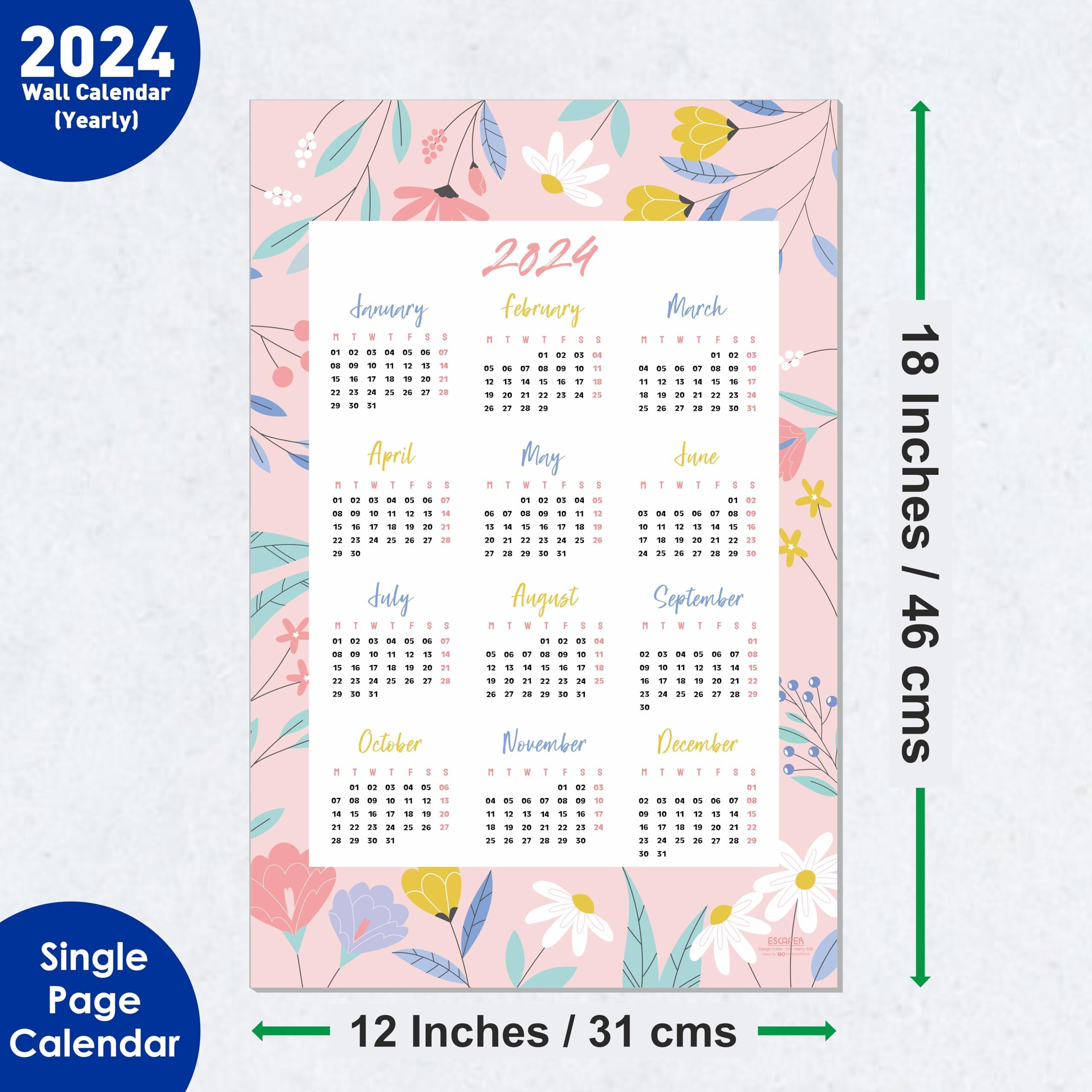 ESCAPER Floral Themes Designer Wall Calendar 2024 for Wall Single Page Yearly Wall Hanging Easy Application Perfect New Year Gift, Baby Pink (Pack of 2 Units)
