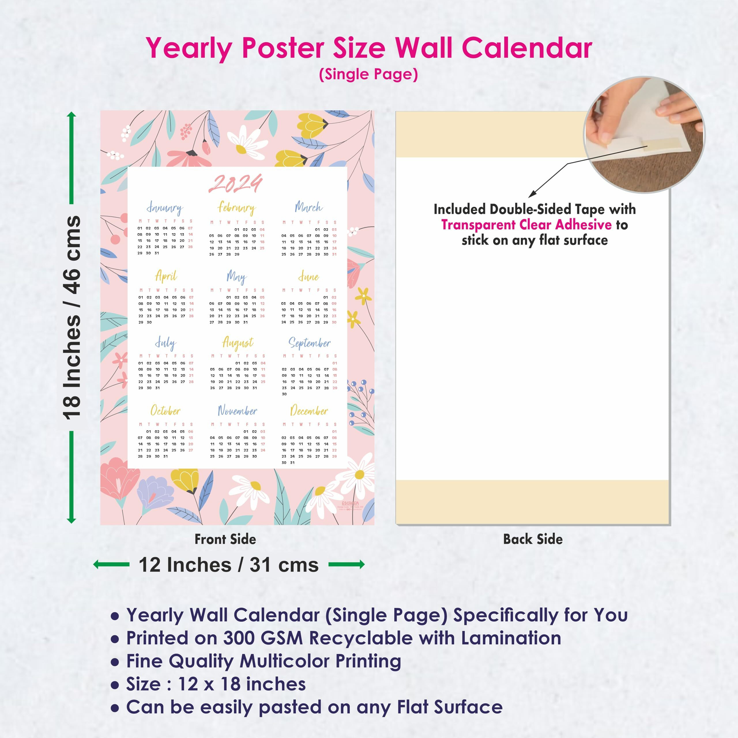 ESCAPER Floral Themes Designer Wall Calendar 2024 for Wall Single Page Yearly Wall Hanging Easy Application Perfect New Year Gift, Baby Pink (Pack of 2 Units)