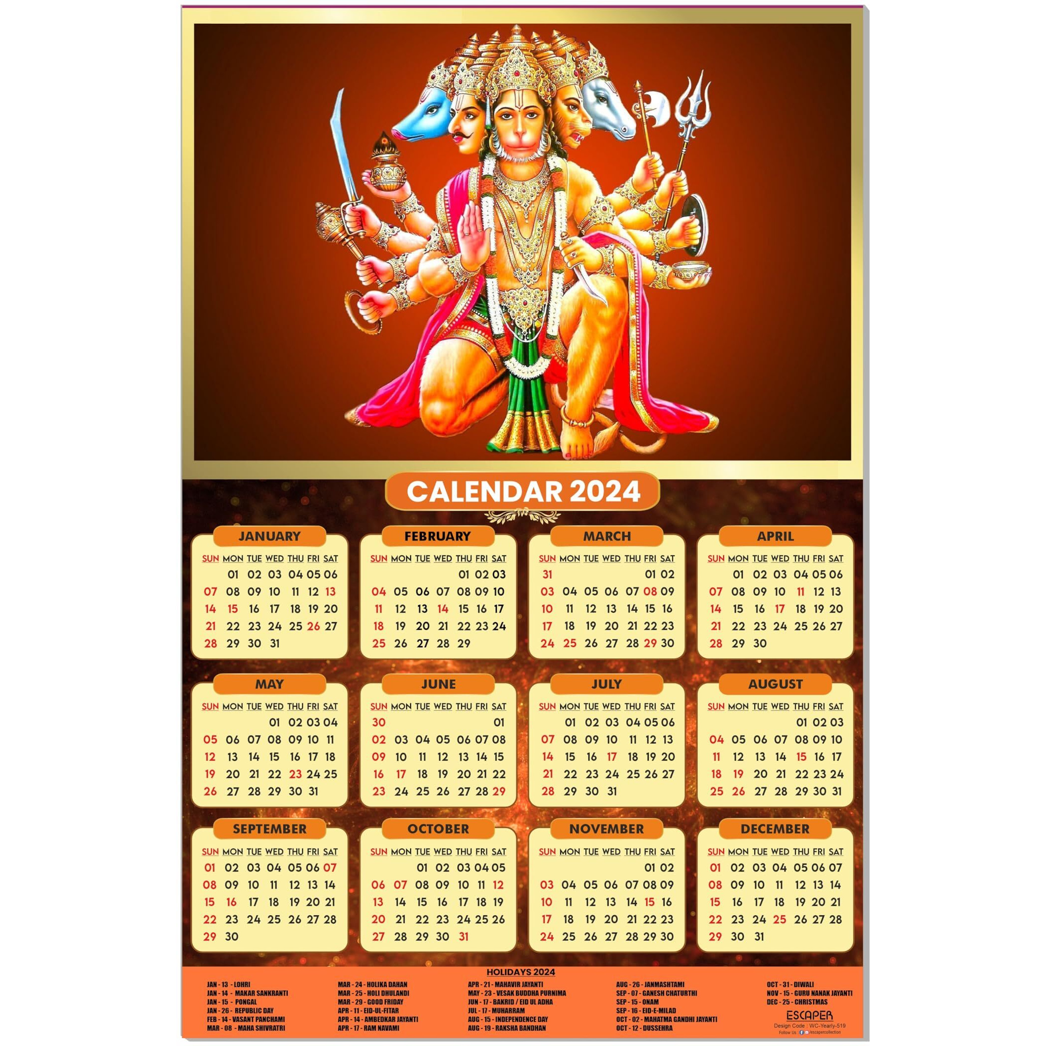 ESCAPER Panchmukhi Lord Hanuman Ji Calendar 2024 for Wall Unique God Theme Wallpaper Easy Application Perfect New Year Gift (Pack of 2 Units)