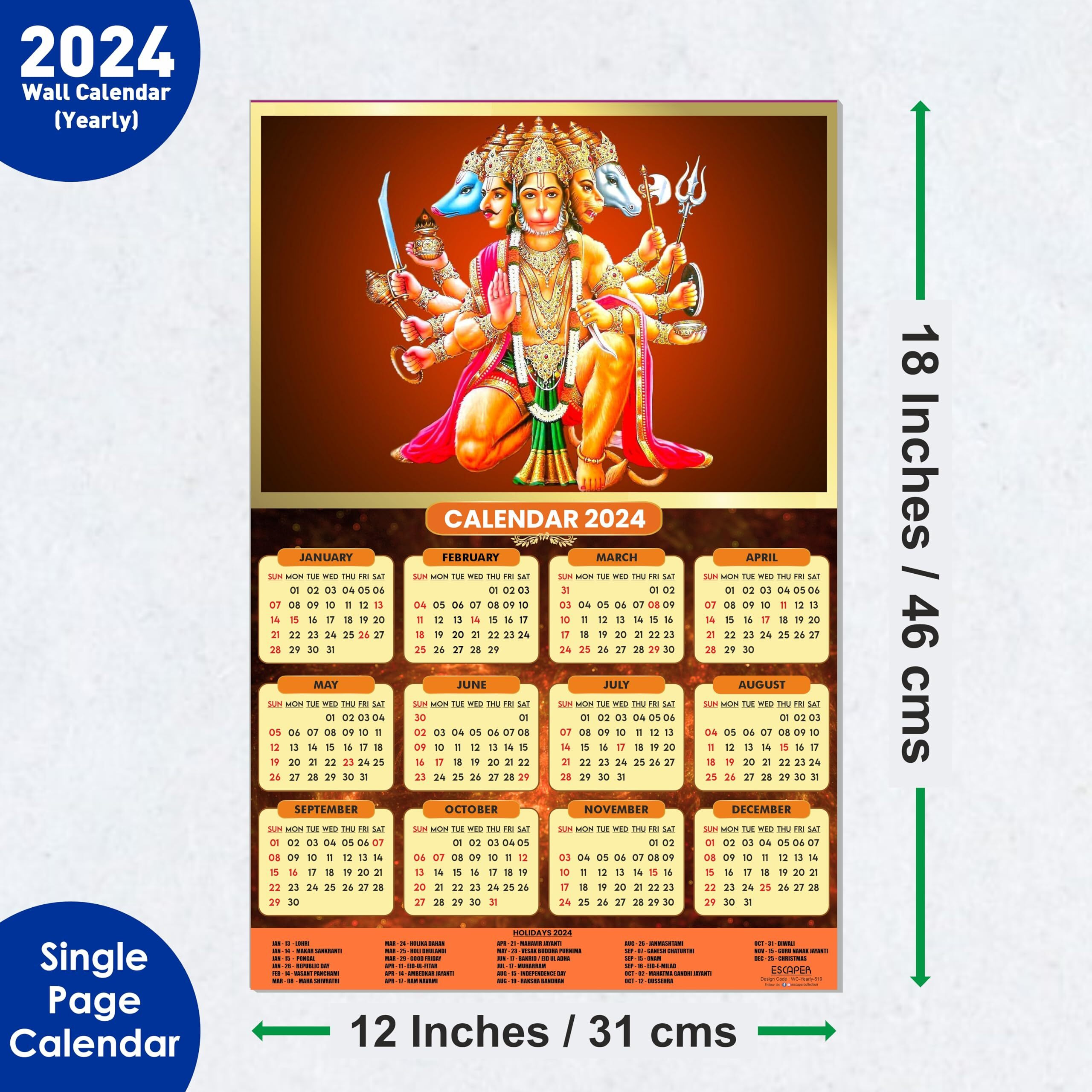 ESCAPER Panchmukhi Lord Hanuman Ji Calendar 2024 for Wall Unique God Theme Wallpaper Easy Application Perfect New Year Gift (Pack of 2 Units)