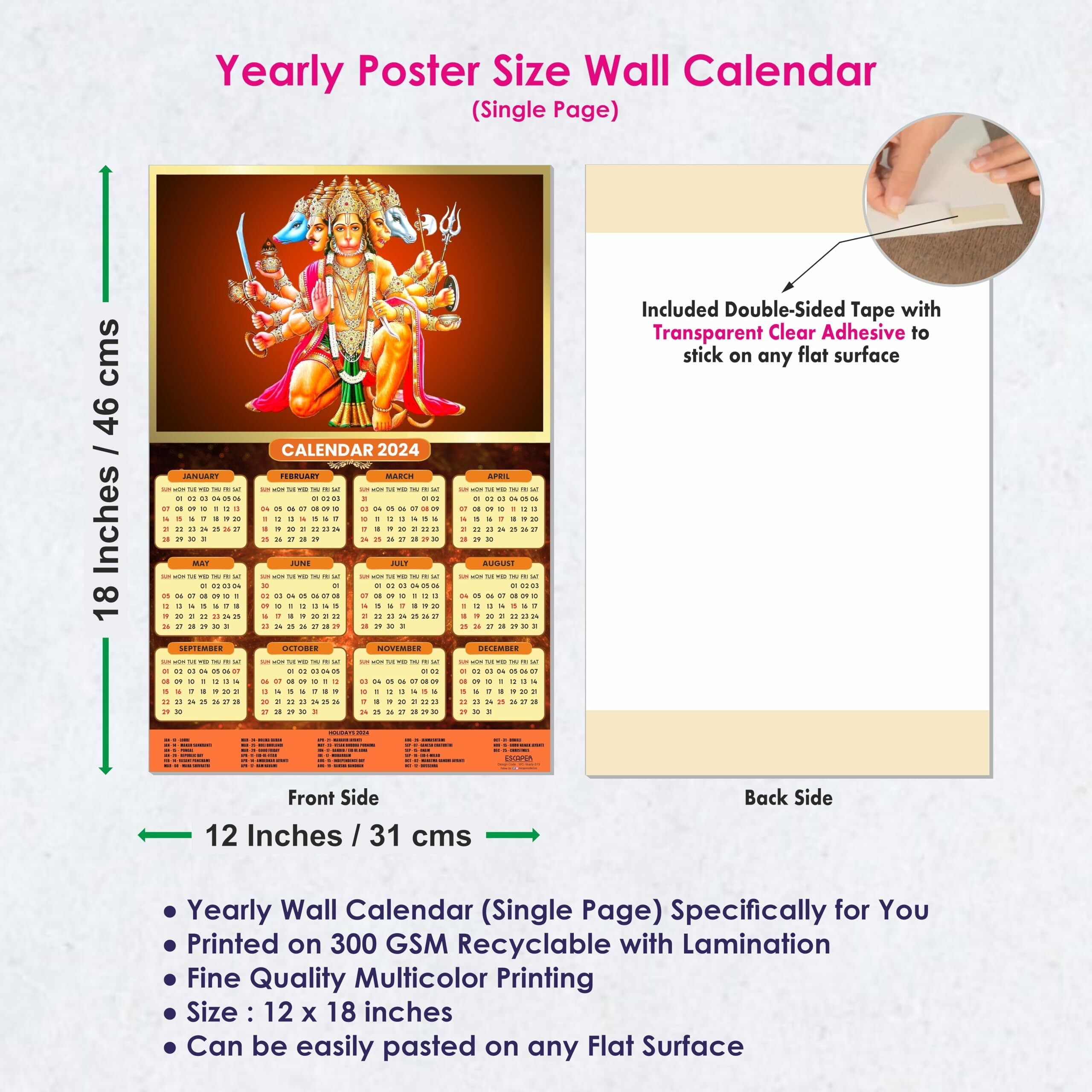 ESCAPER Panchmukhi Lord Hanuman Ji Calendar 2024 for Wall Unique God Theme Wallpaper Easy Application Perfect New Year Gift (Pack of 2 Units)