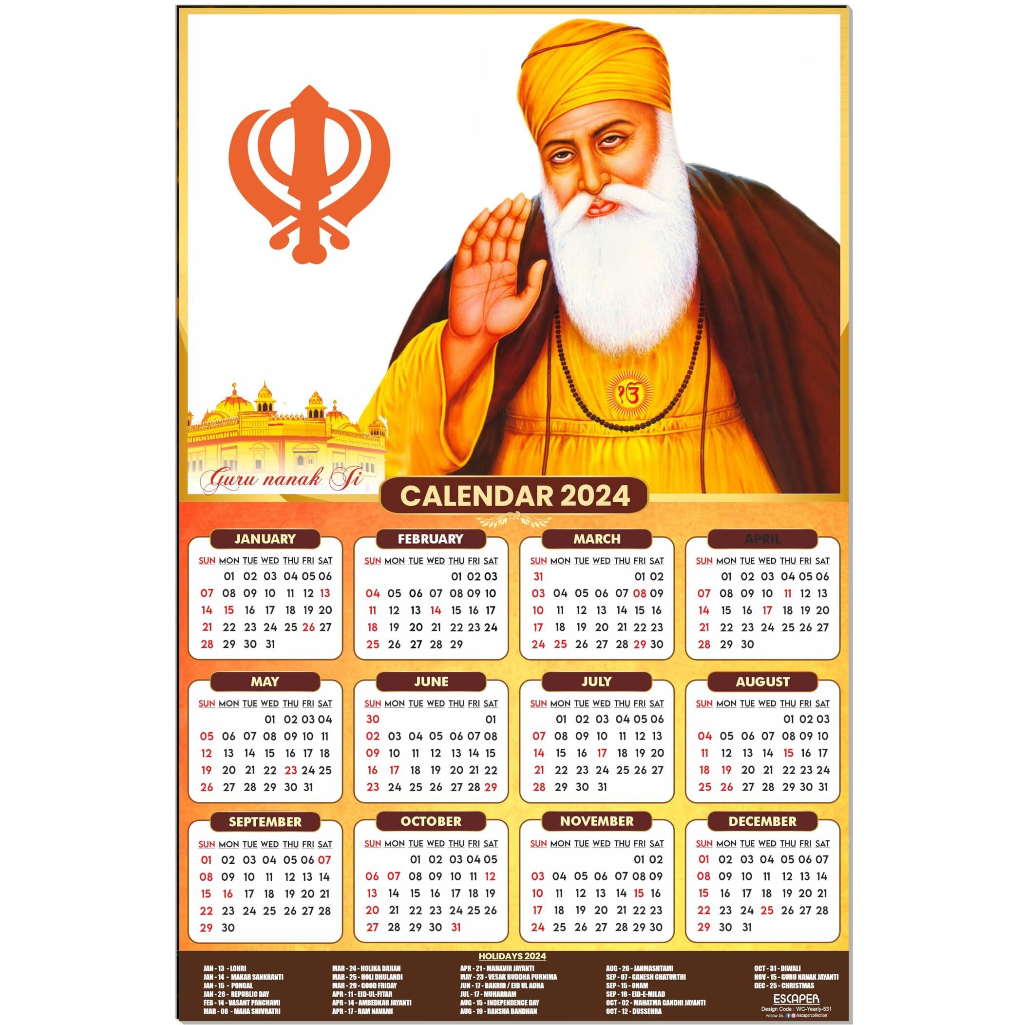 ESCAPER Guru Goving Singh Ji Calendar 2024 for Wall Single Page Yearly Wall Hanging Easy Application Perfect New Year Gift (Pack of 5 Units)
