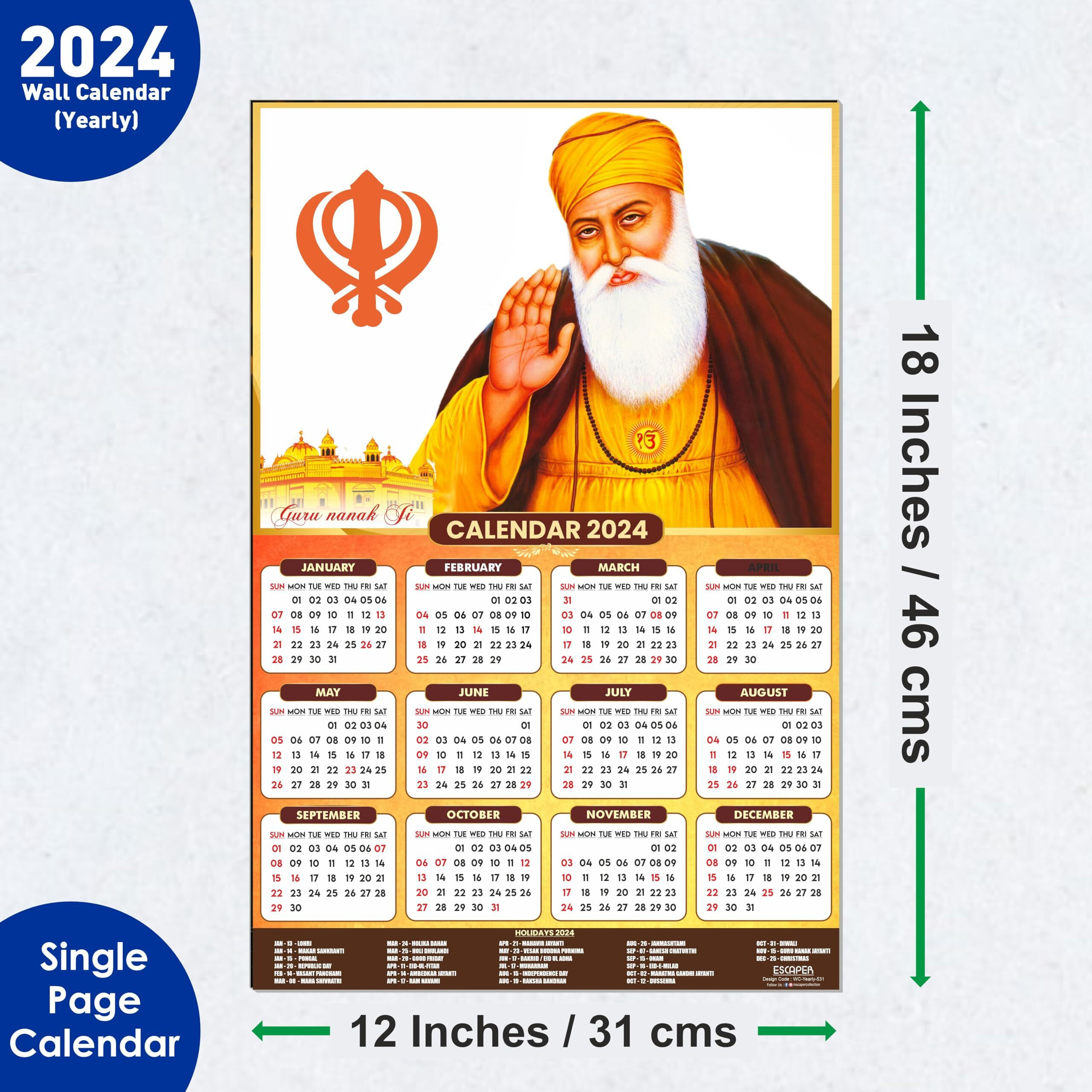 ESCAPER Guru Goving Singh Ji Calendar 2024 for Wall Single Page Yearly Wall Hanging Easy Application Perfect New Year Gift (Pack of 5 Units)