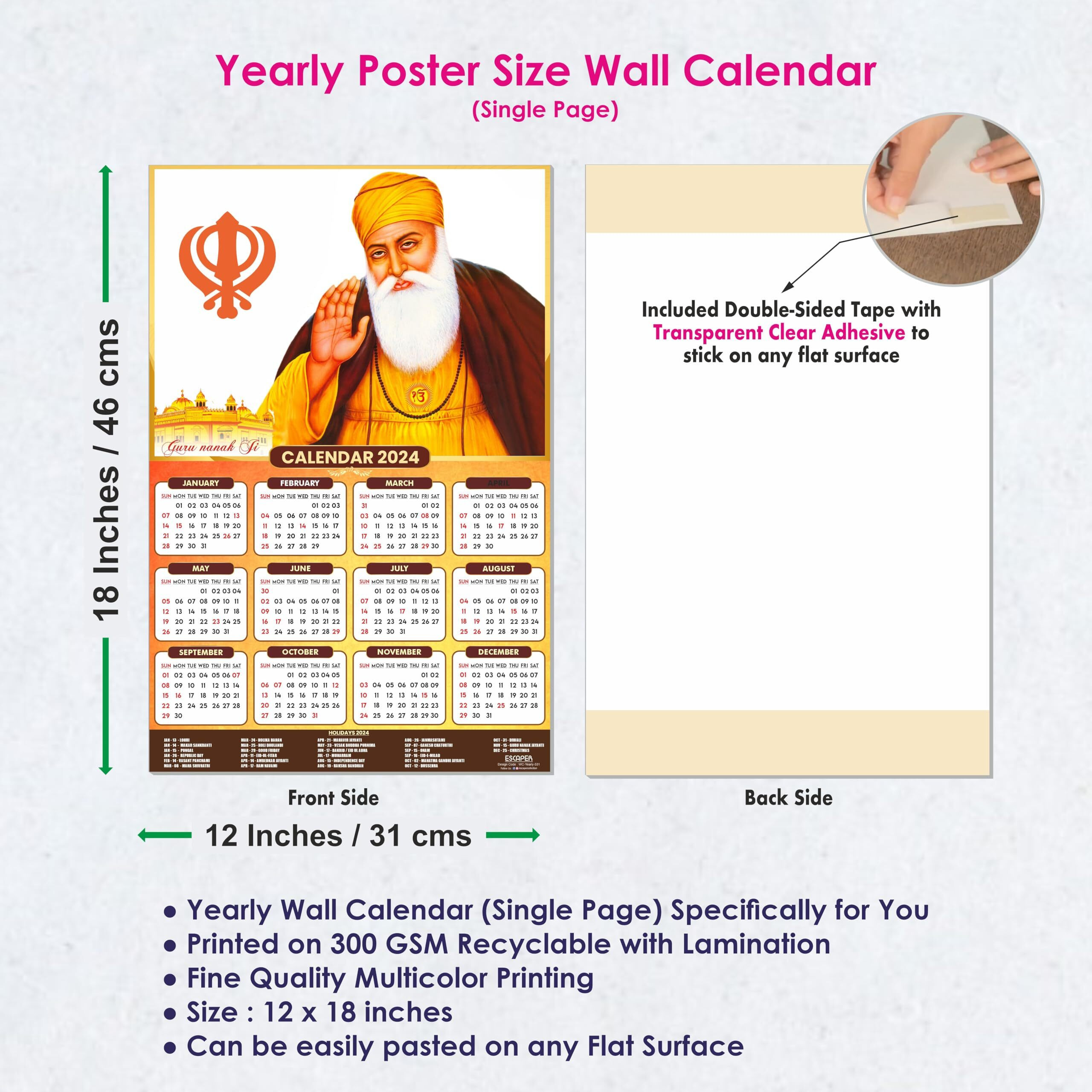 ESCAPER Guru Goving Singh Ji Calendar 2024 for Wall Single Page Yearly Wall Hanging Easy Application Perfect New Year Gift (Pack of 5 Units)