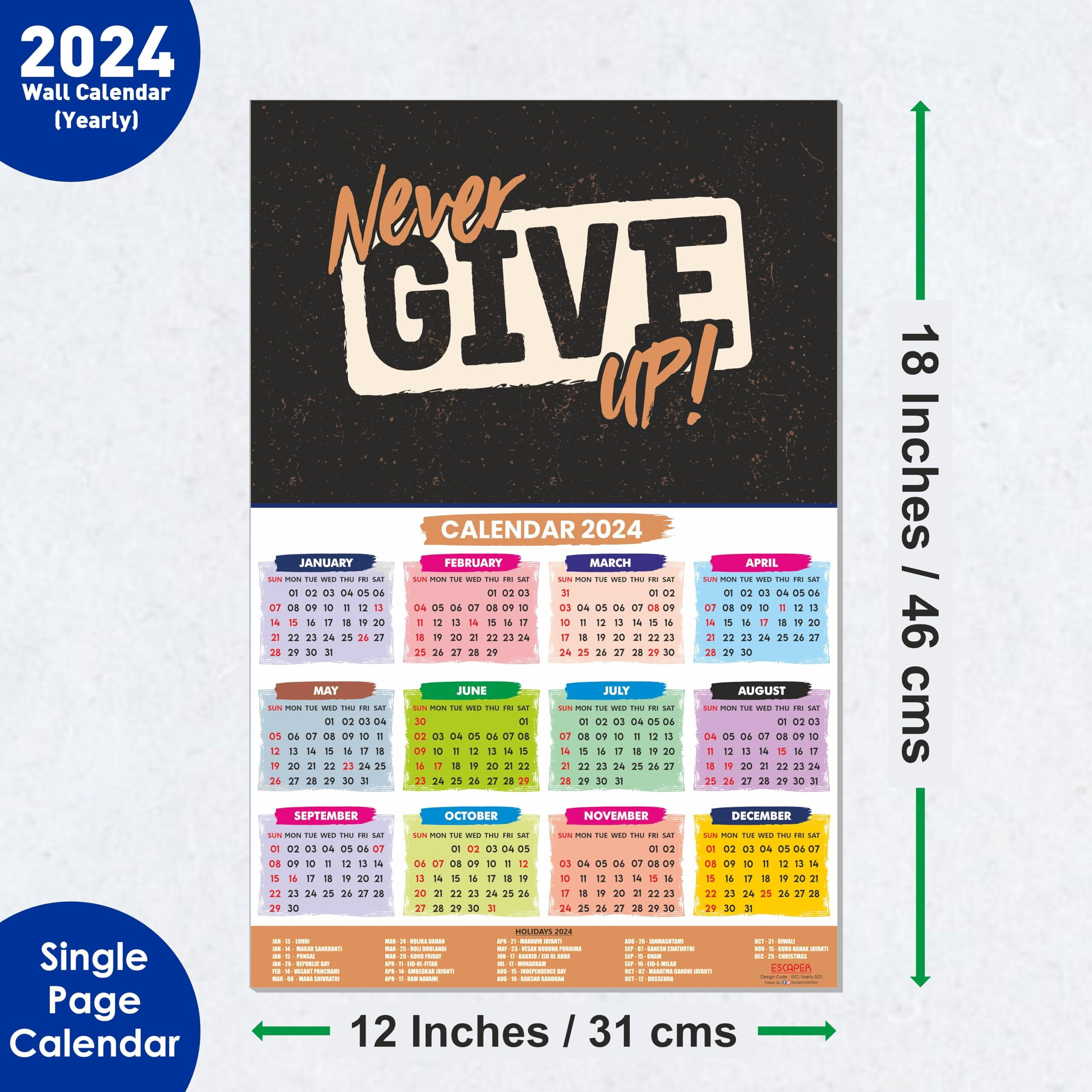 ESCAPER Never Give Up Motivational Calendar 2024 for Wall Single Page Yearly Wall Hanging Easy Application Perfect New Year Gift (Pack of 2 Units)