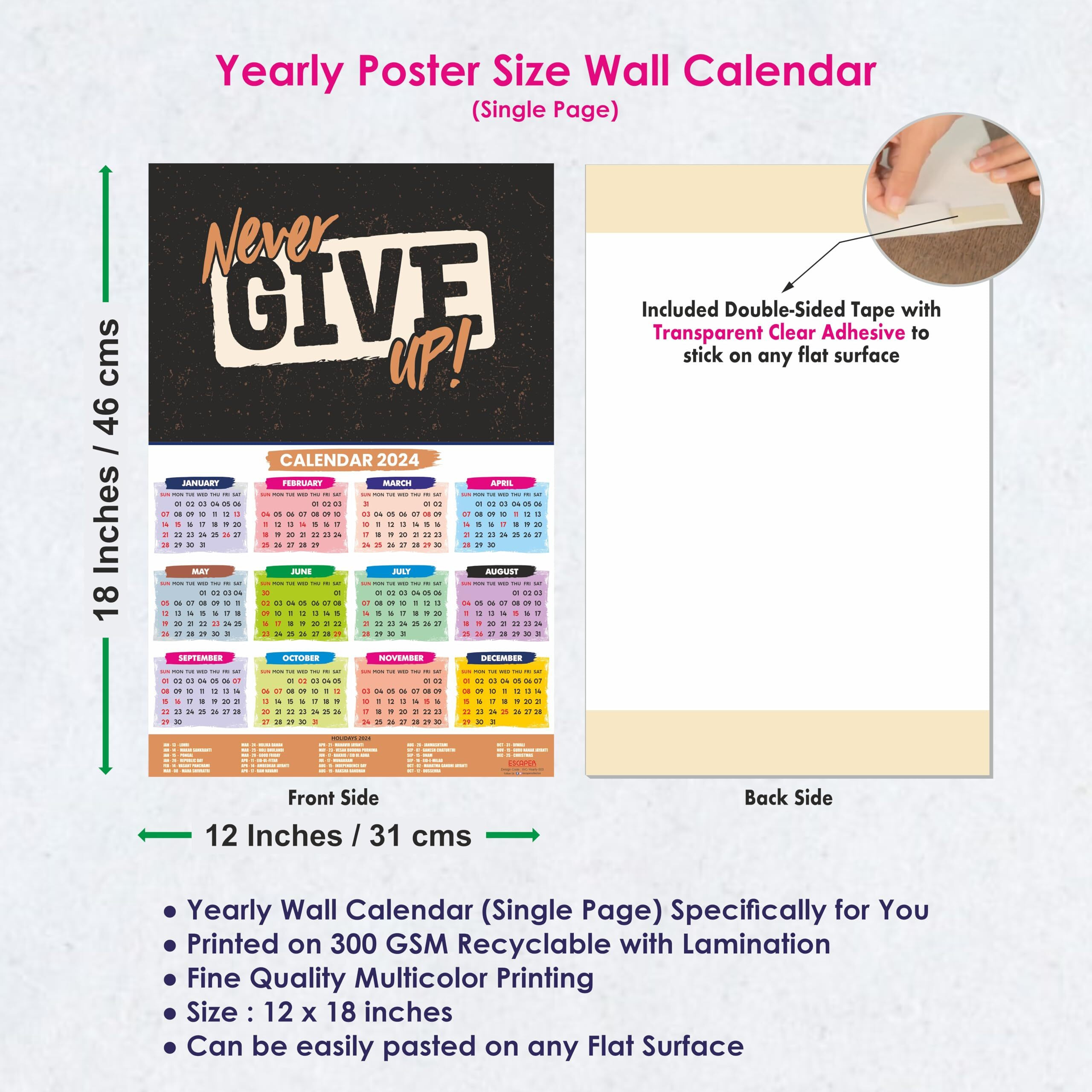 ESCAPER Never Give Up Motivational Calendar 2024 for Wall Single Page Yearly Wall Hanging Easy Application Perfect New Year Gift (Pack of 2 Units)
