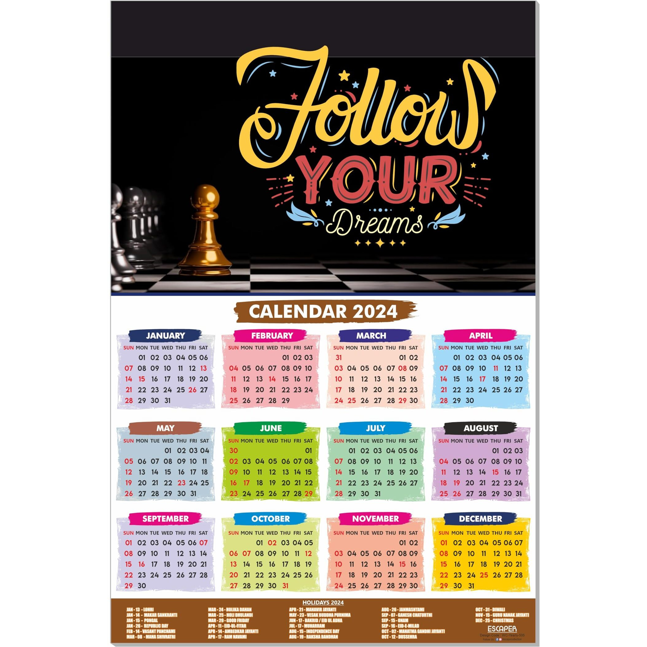 ESCAPER Follow your Dreams Motivational Calendar 2024 for Wall Single Page Yearly Wall Hanging Easy Application Perfect New Year Gift (Pack of 2 Units)