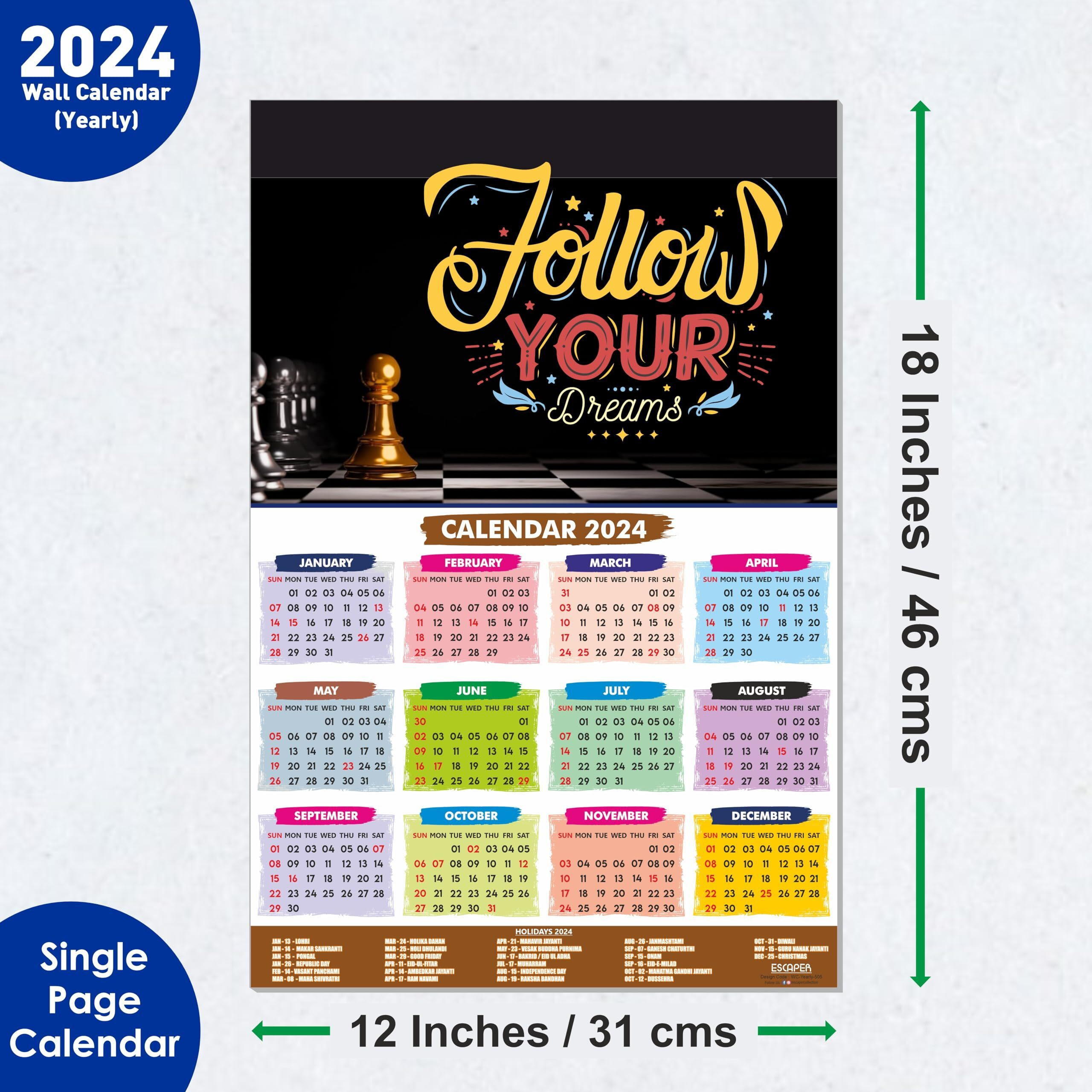 ESCAPER Follow your Dreams Motivational Calendar 2024 for Wall Single Page Yearly Wall Hanging Easy Application Perfect New Year Gift (Pack of 2 Units)