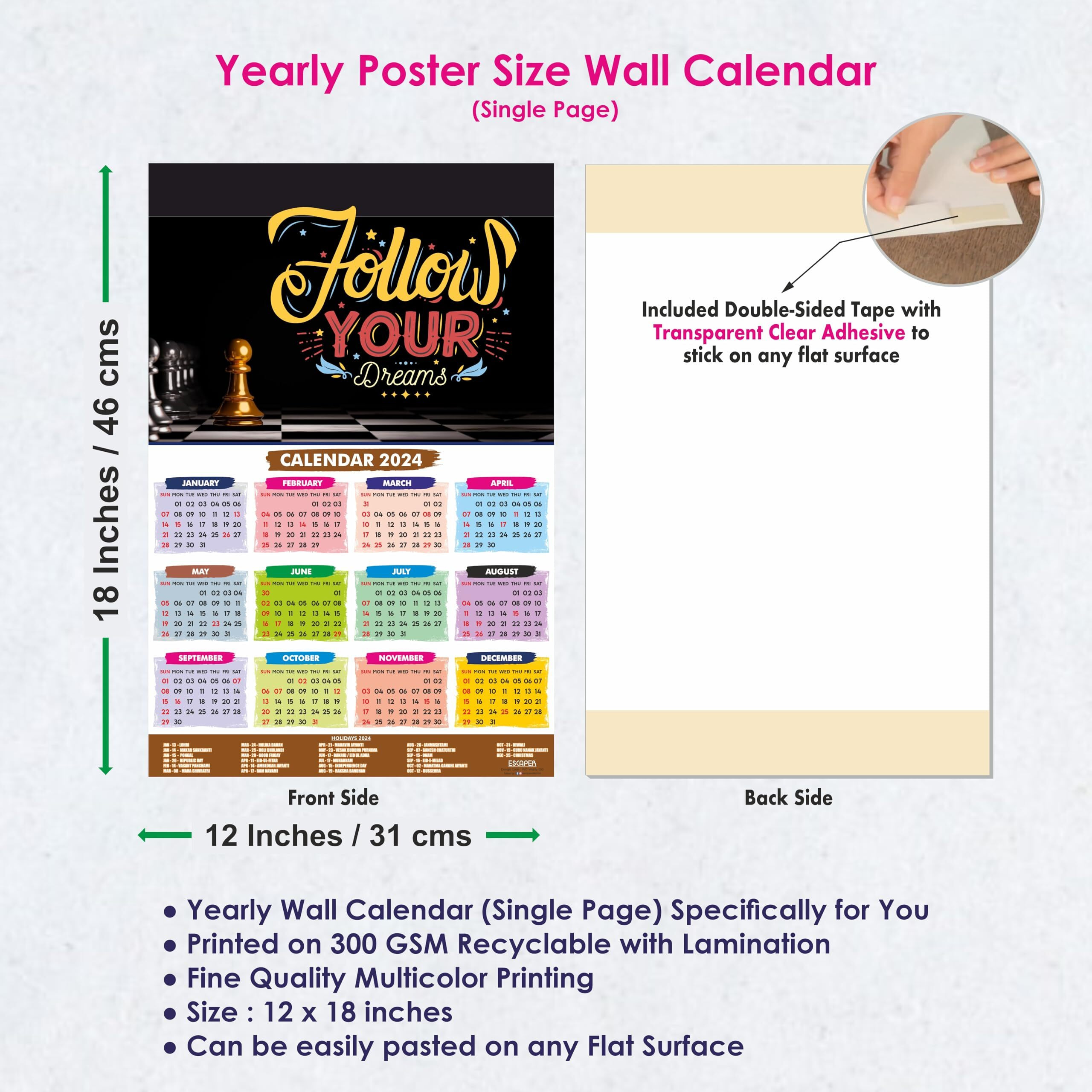 ESCAPER Follow your Dreams Motivational Calendar 2024 for Wall Single Page Yearly Wall Hanging Easy Application Perfect New Year Gift (Pack of 2 Units)