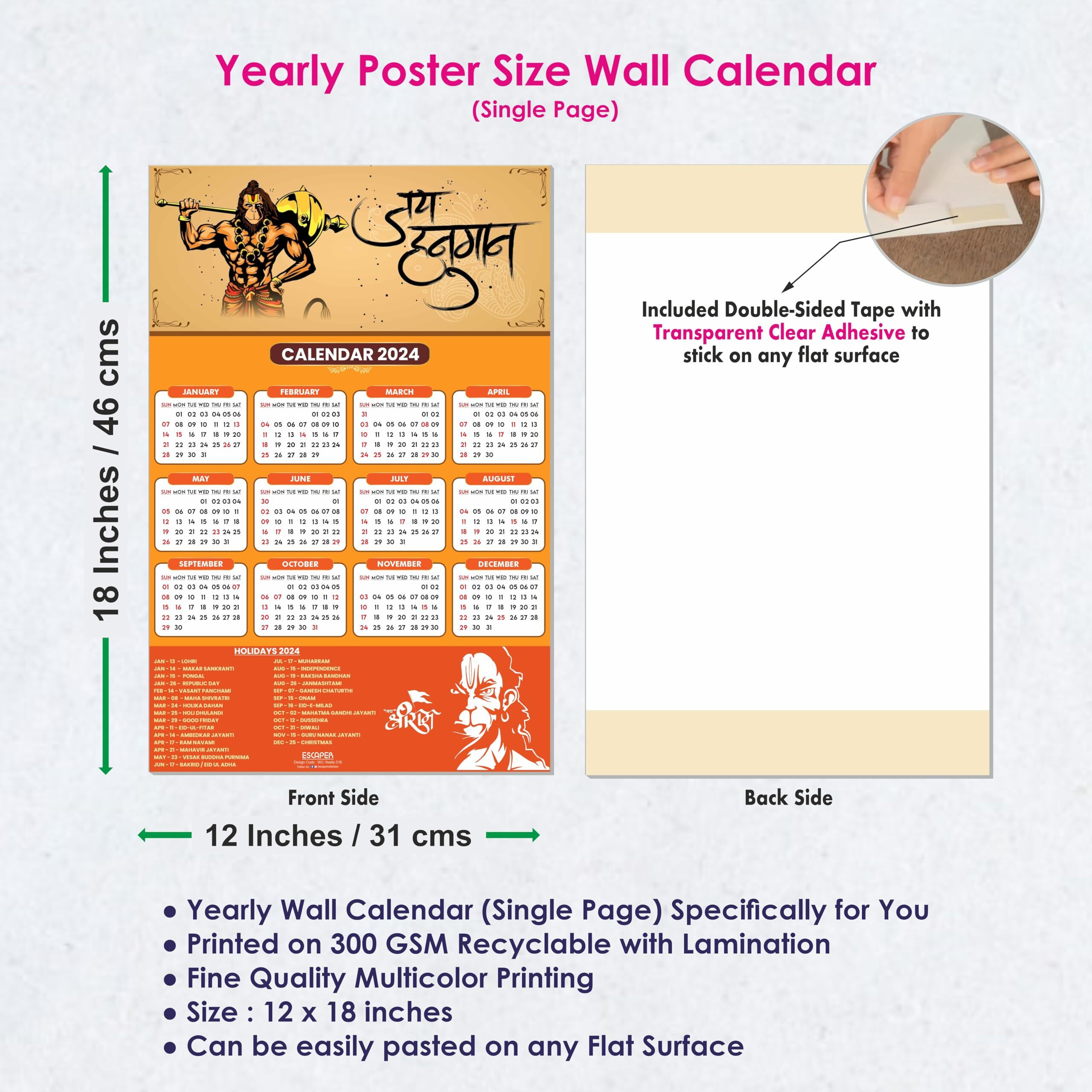 ESCAPER Hanuman Ji Calendar 2024 for Wall Single Page Yearly Indian God Theme Wallpaper Easy Application Perfect New Year (Pack of 2 Units)