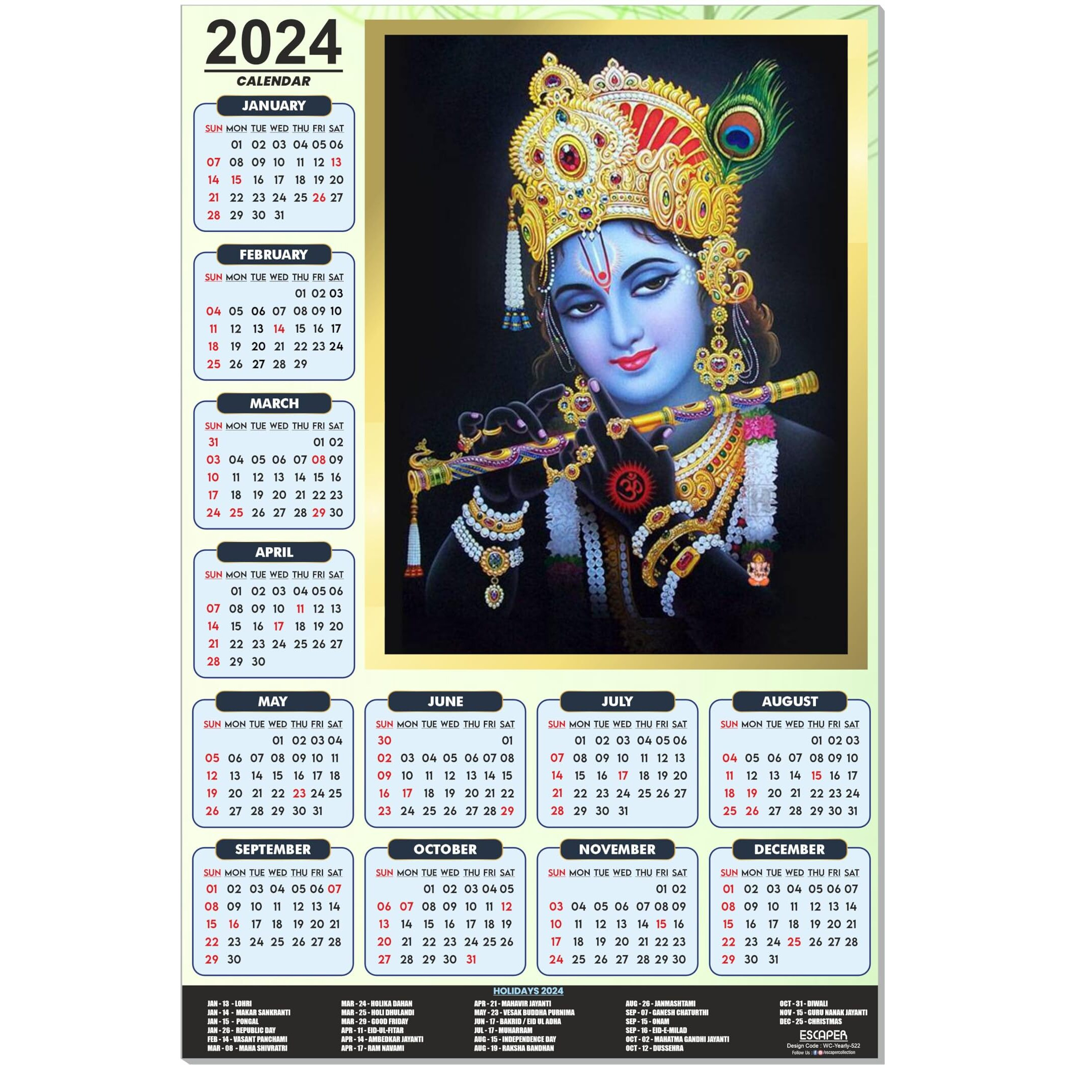 ESCAPER Black Theme Lord Krishna Calendar 2024 for Wall Big Size Unique God Theme Wallpaper Easy Application Perfect New Year Gift (Pack of 10 Units)