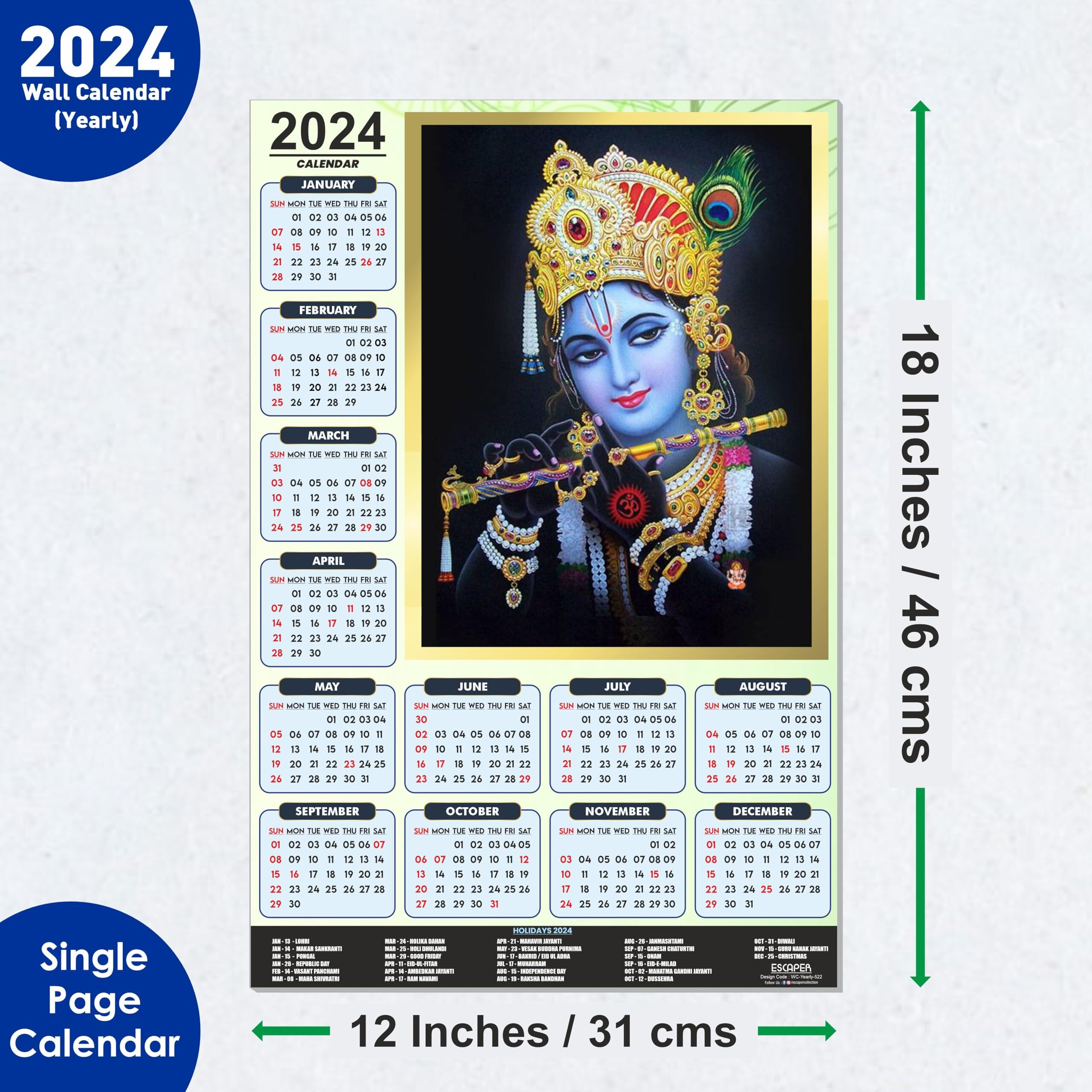 ESCAPER Black Theme Lord Krishna Calendar 2024 for Wall Big Size Unique God Theme Wallpaper Easy Application Perfect New Year Gift (Pack of 10 Units)