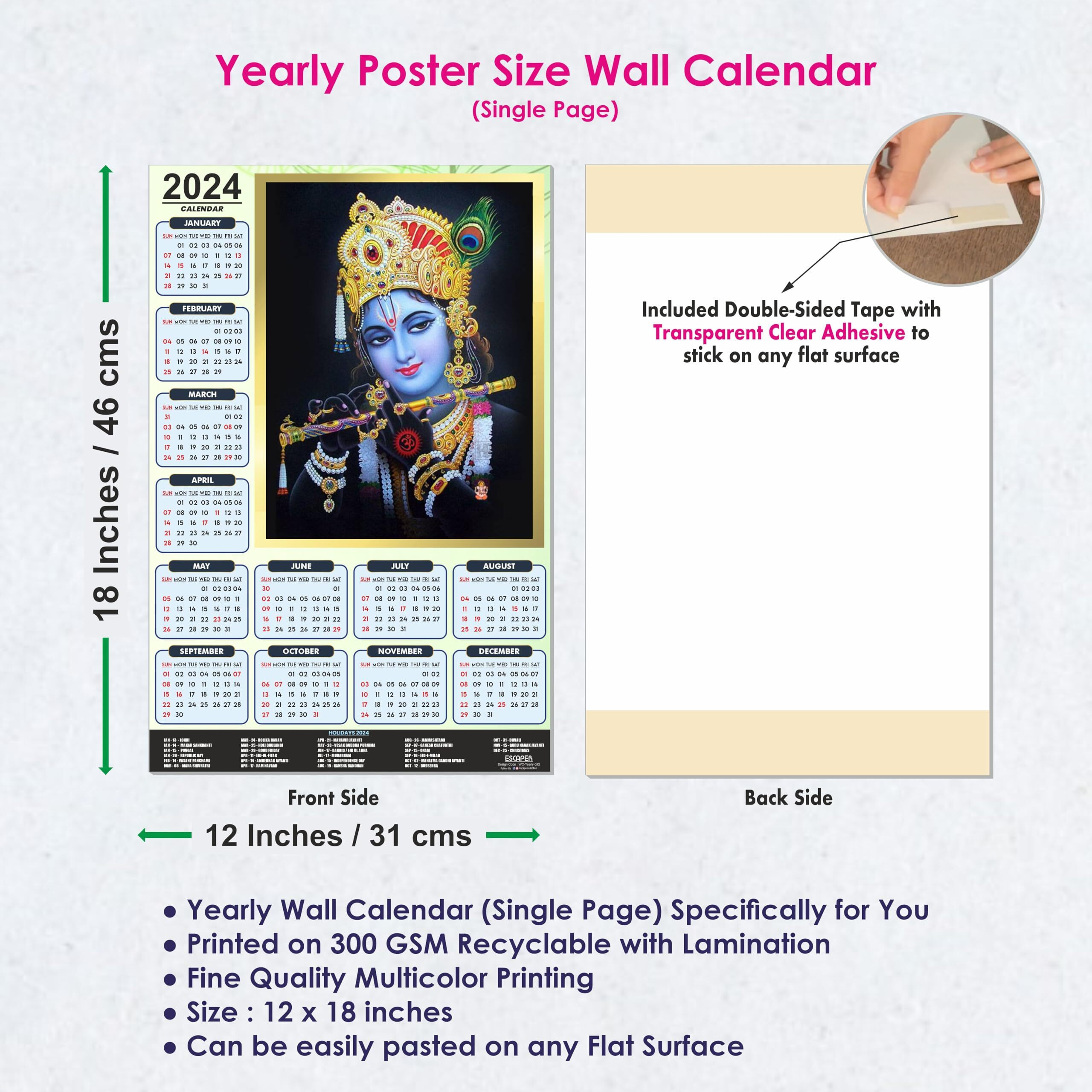 ESCAPER Black Theme Lord Krishna Calendar 2024 for Wall Big Size Unique God Theme Wallpaper Easy Application Perfect New Year Gift (Pack of 10 Units)