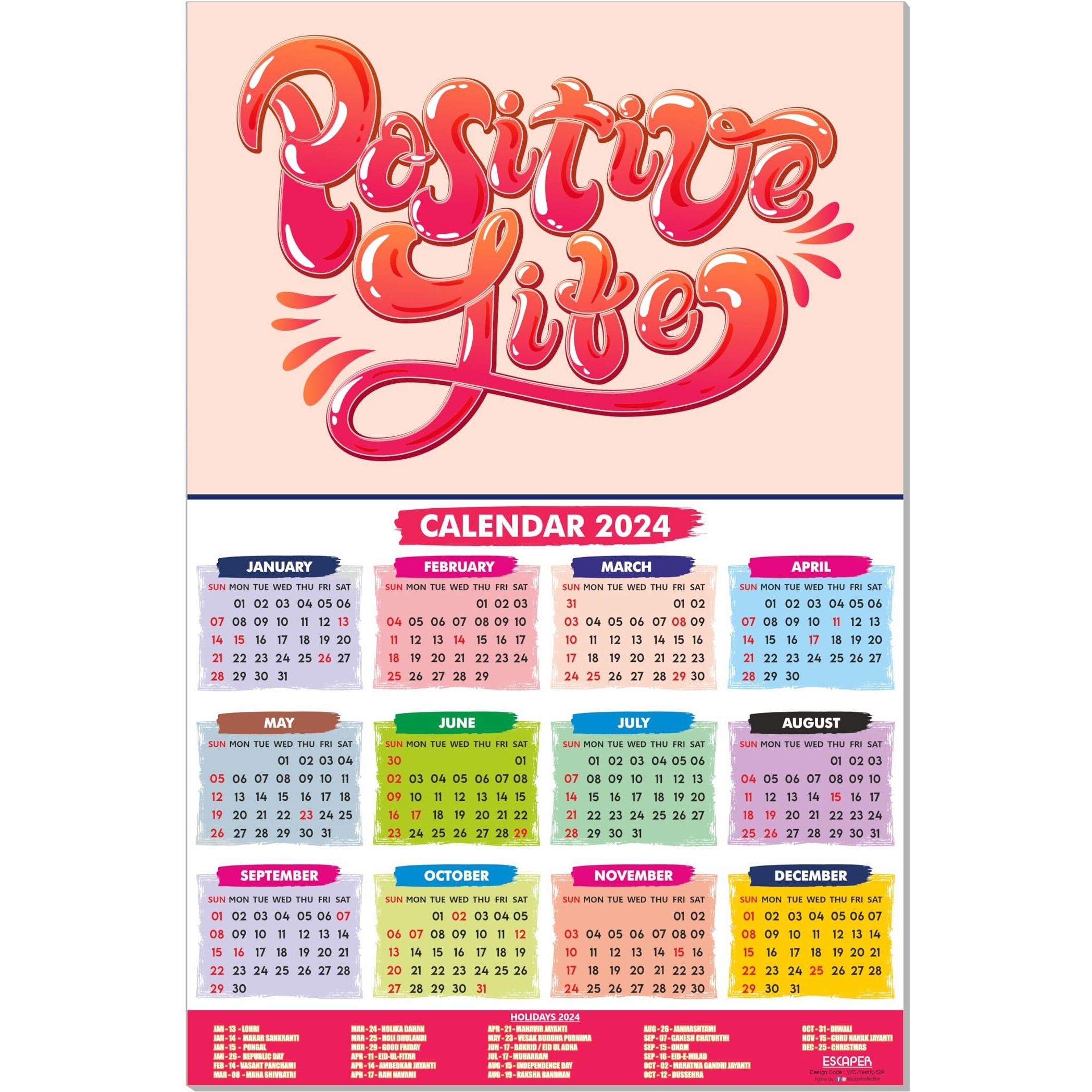 ESCAPER Positive Life Theme Motivational Calendar 2024 for Wall Single Page Yearly Wall Hanging Easy Application Perfect New Year Gift (Pack of 5 Units)