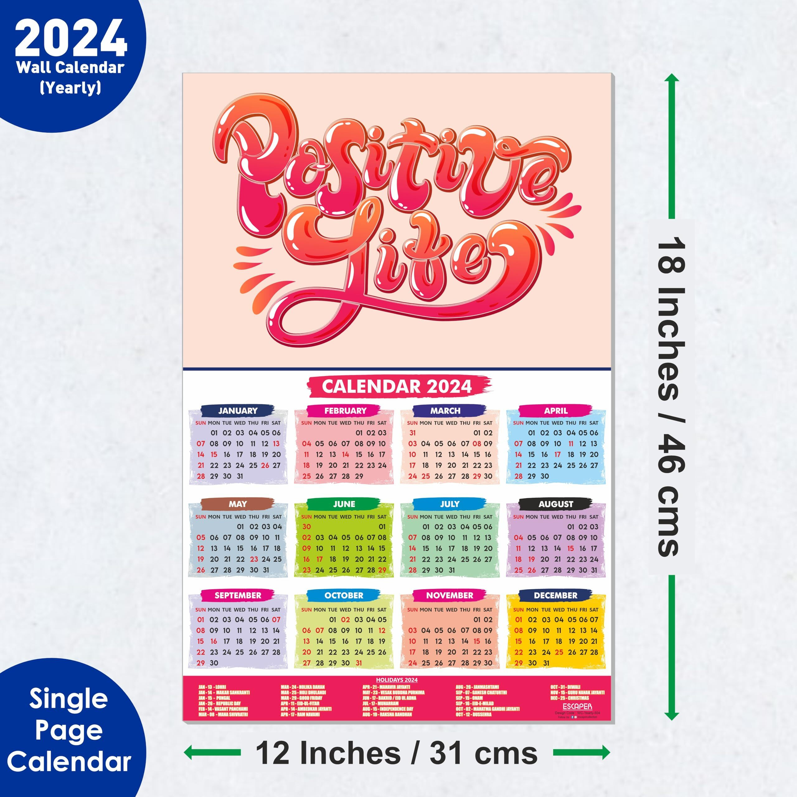 ESCAPER Positive Life Theme Motivational Calendar 2024 for Wall Single Page Yearly Wall Hanging Easy Application Perfect New Year Gift (Pack of 5 Units)