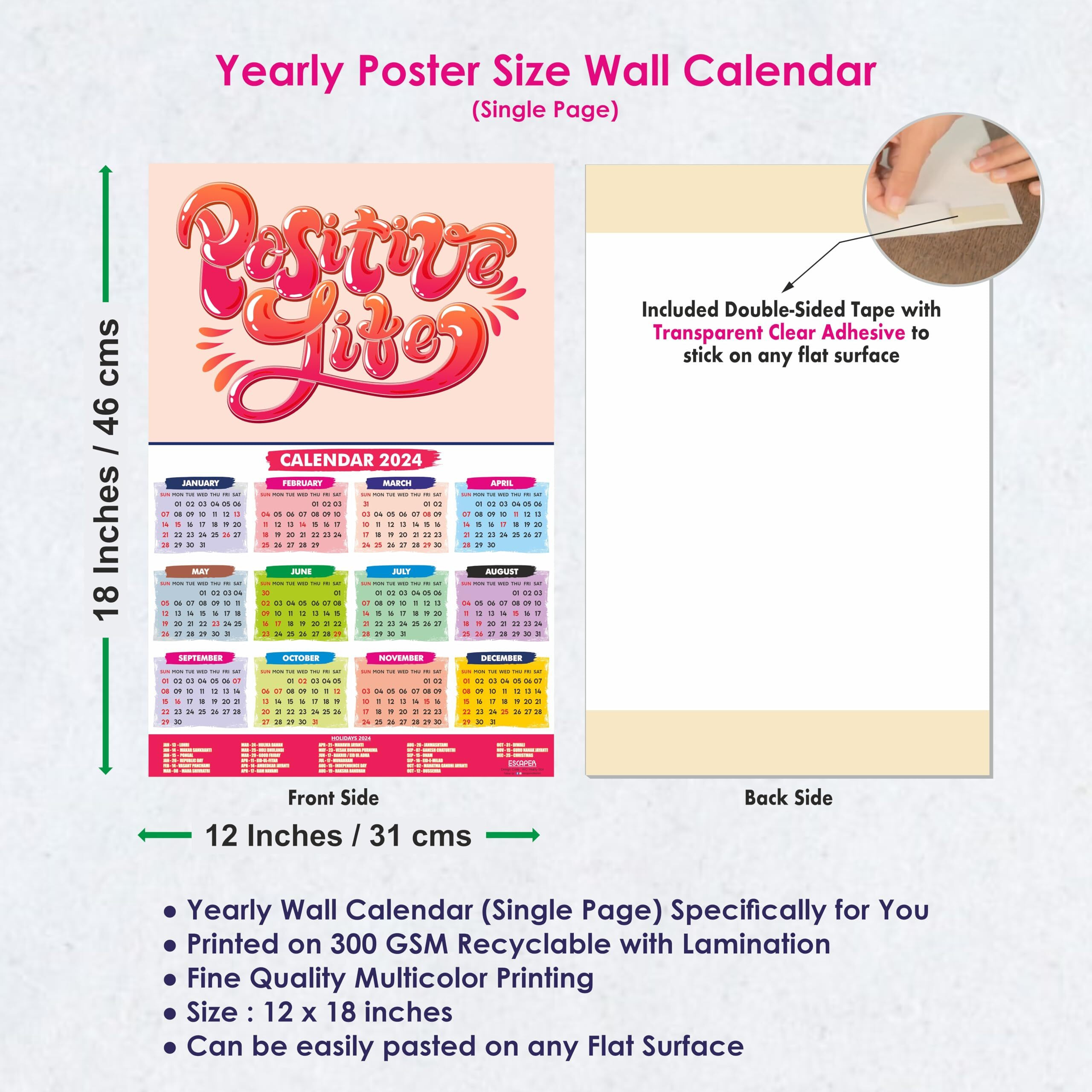 ESCAPER Positive Life Theme Motivational Calendar 2024 for Wall Single Page Yearly Wall Hanging Easy Application Perfect New Year Gift (Pack of 5 Units)