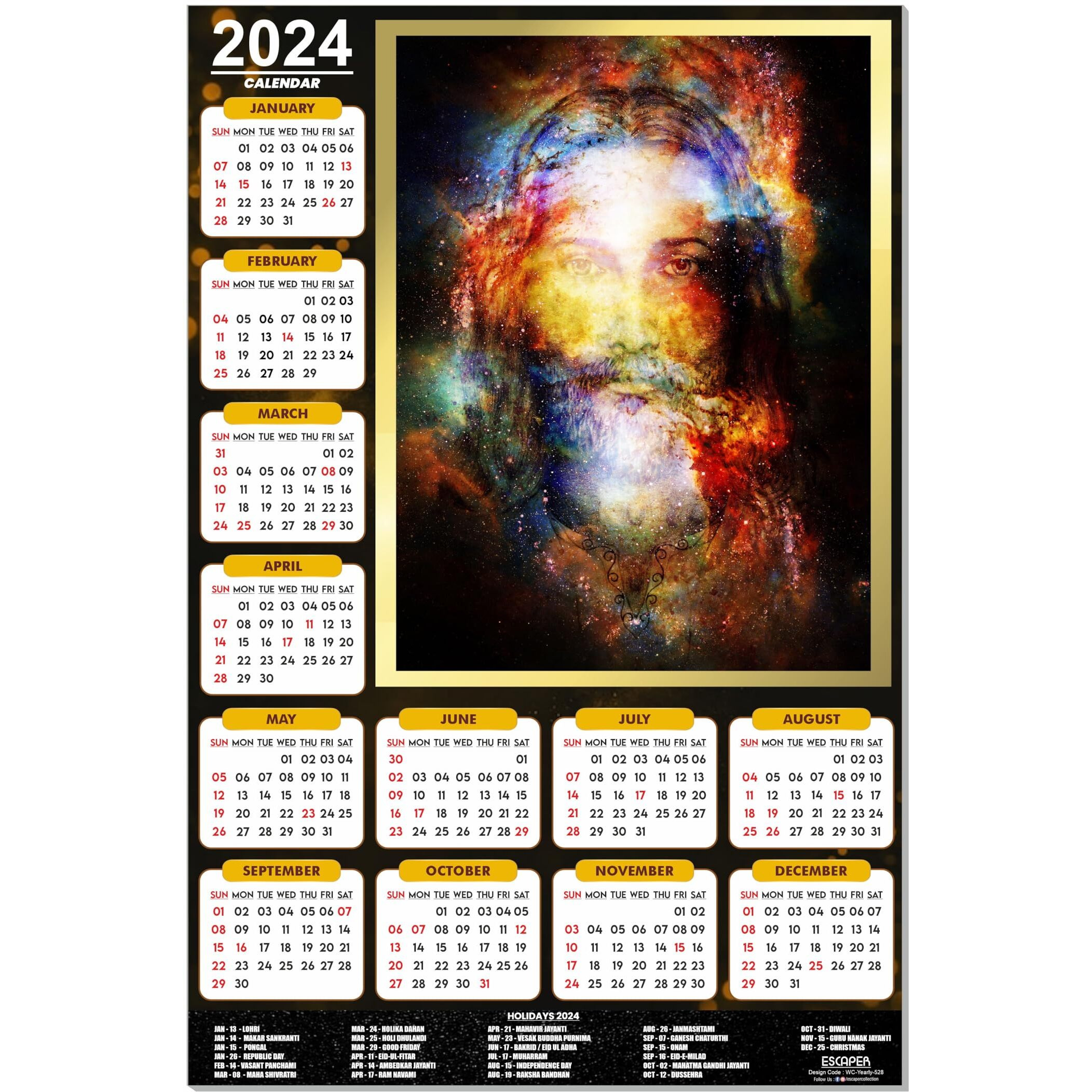 ESCAPER Jesus Christ Sparkle Portrait Calendar 2024 for Wall Single Page Yearly Wall Hanging Easy Application Perfect New Year Gift (Pack of 10 Units)