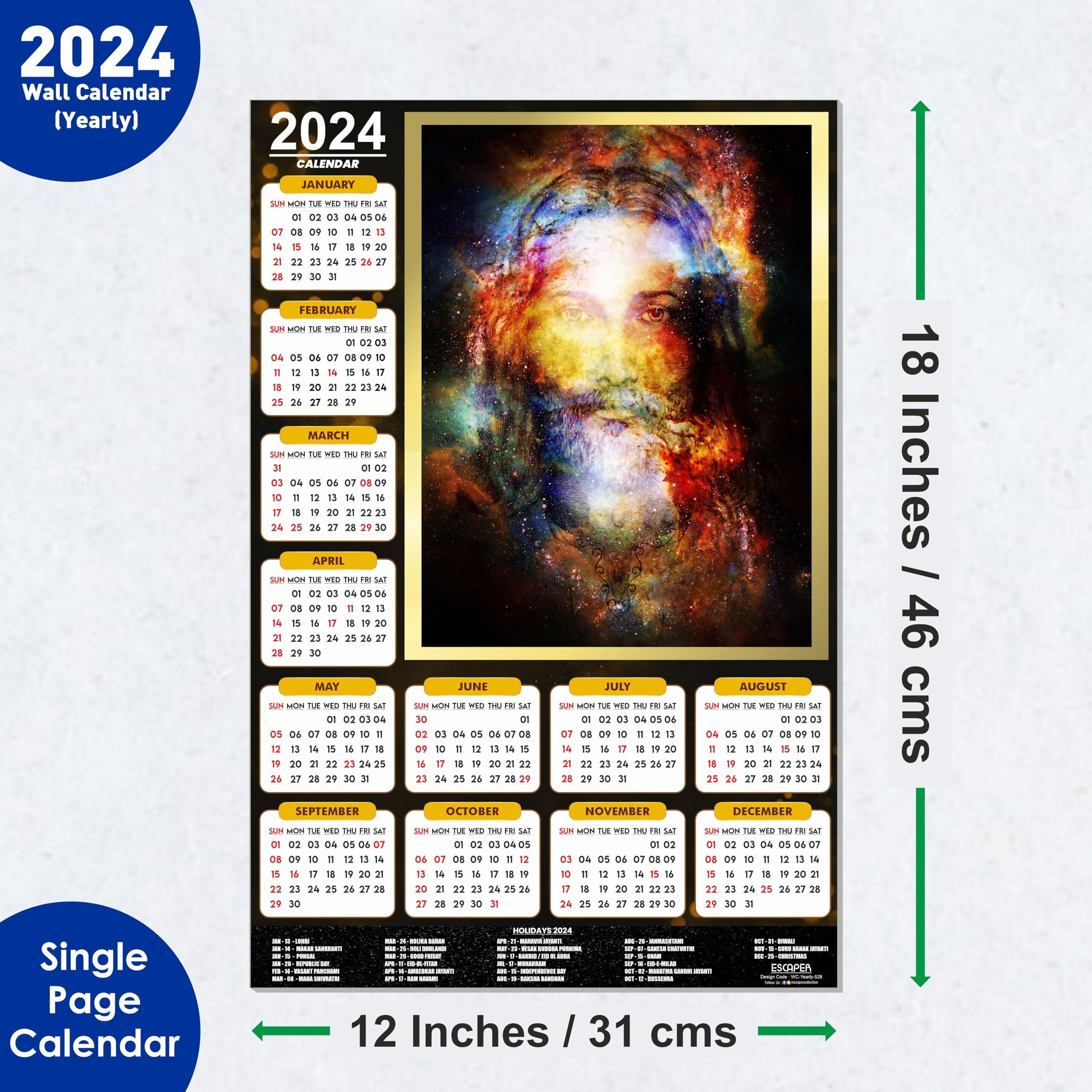ESCAPER Jesus Christ Sparkle Portrait Calendar 2024 for Wall Single Page Yearly Wall Hanging Easy Application Perfect New Year Gift (Pack of 10 Units)