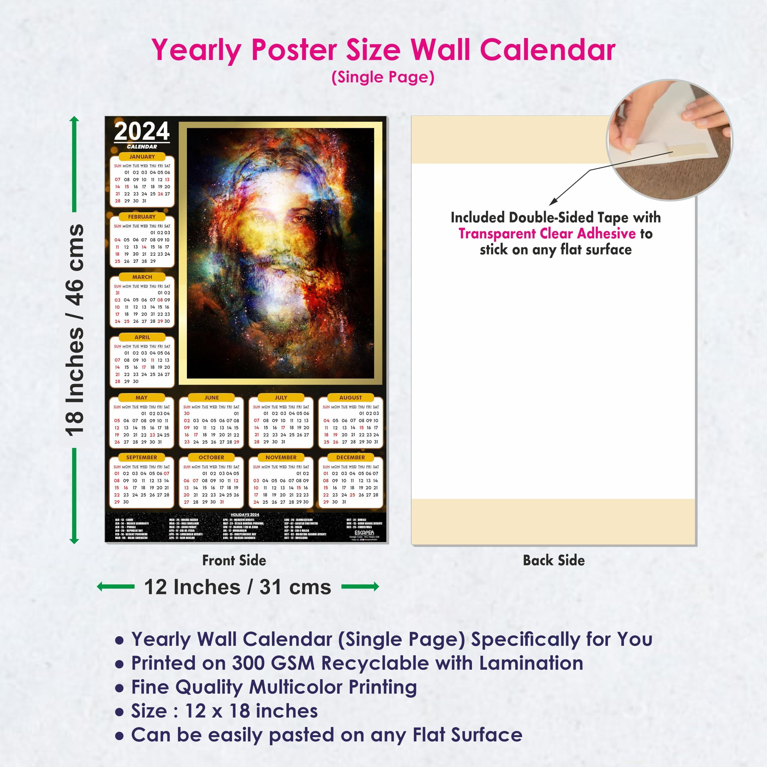 ESCAPER Jesus Christ Sparkle Portrait Calendar 2024 for Wall Single Page Yearly Wall Hanging Easy Application Perfect New Year Gift (Pack of 10 Units)