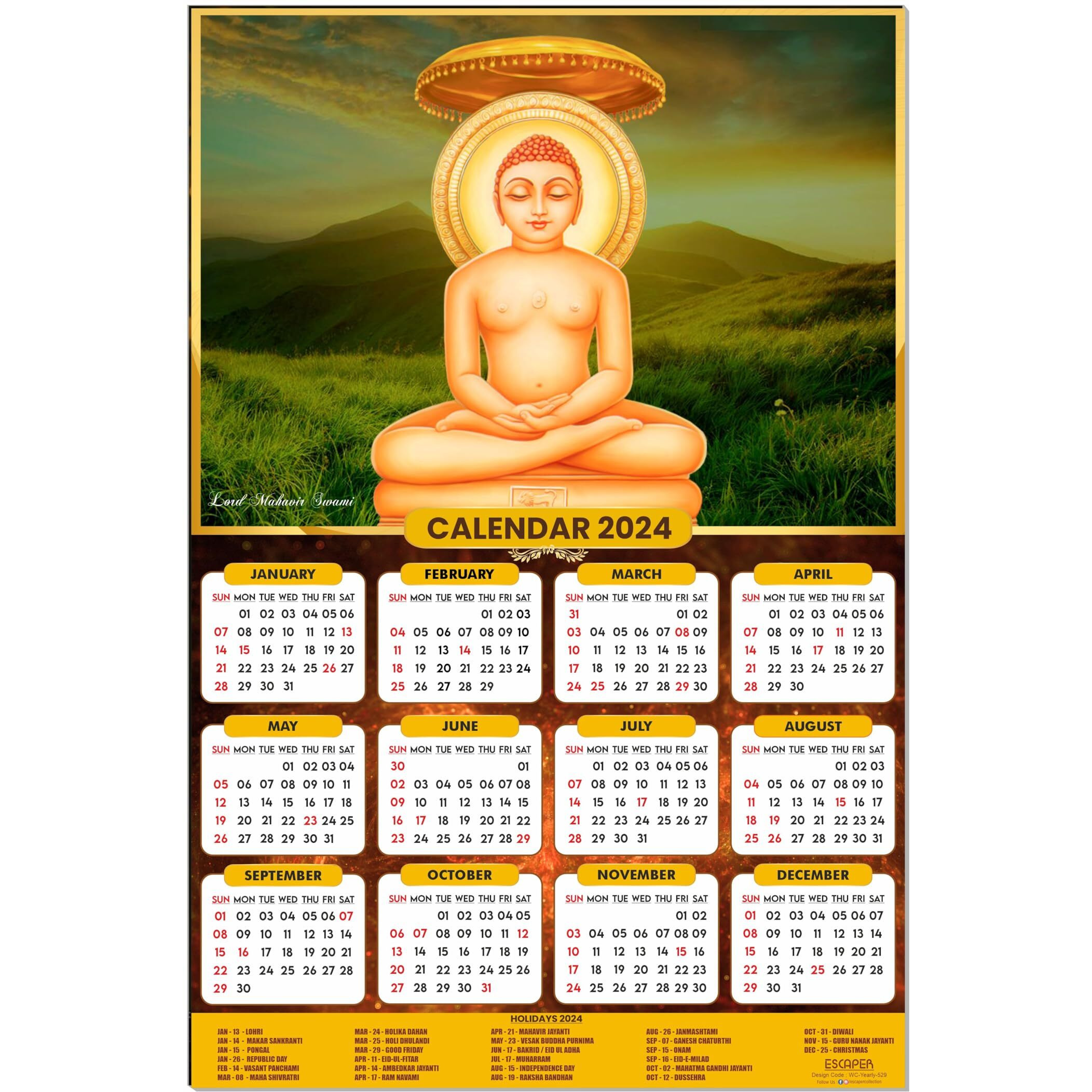 ESCAPER Lord Mahavir Swami Calendar 2024 for Wall Jain Single Page Yearly Wall Hanging Easy Application Perfect New Year Gift (Pack of 5 Units)