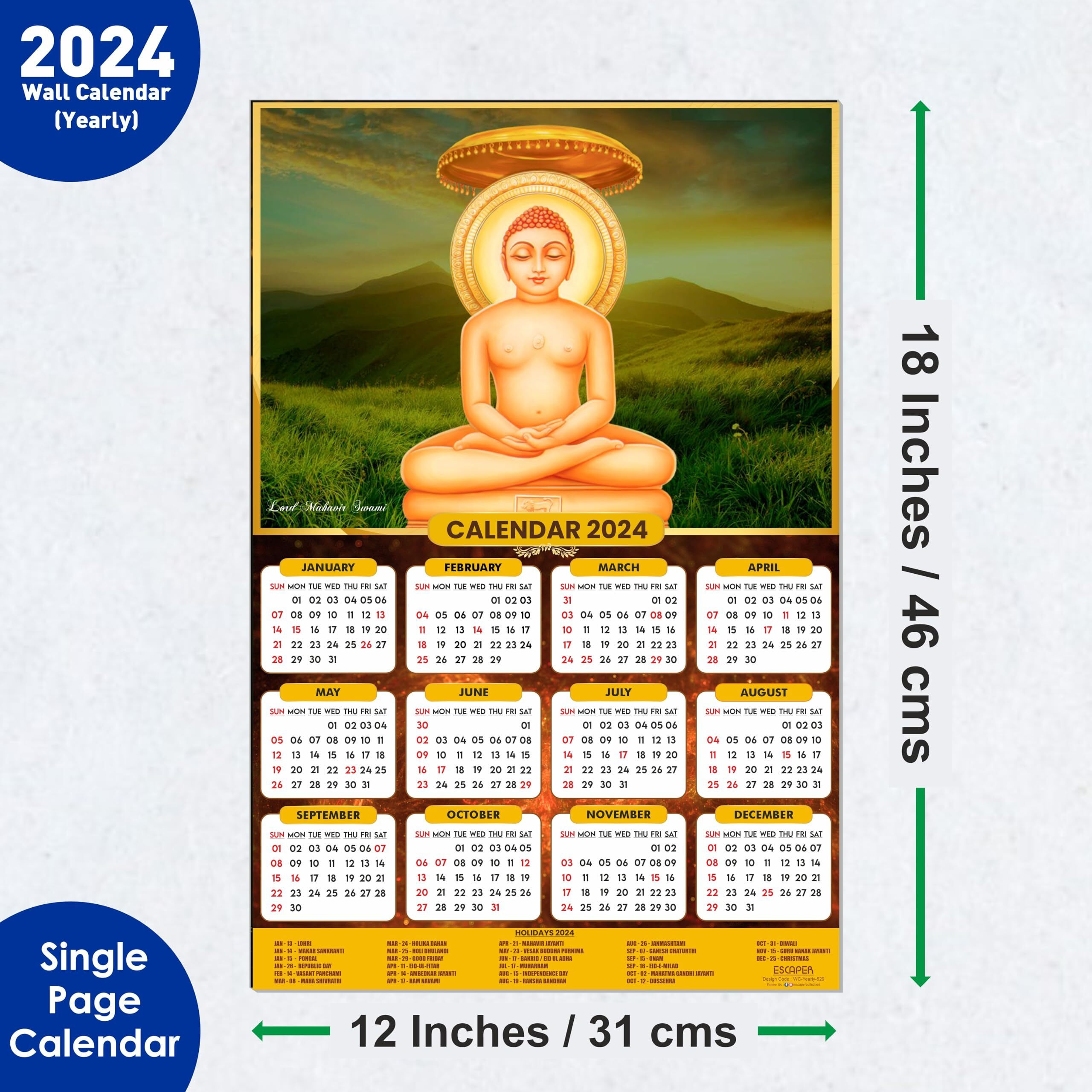 ESCAPER Lord Mahavir Swami Calendar 2024 for Wall Jain Single Page Yearly Wall Hanging Easy Application Perfect New Year Gift (Pack of 5 Units)