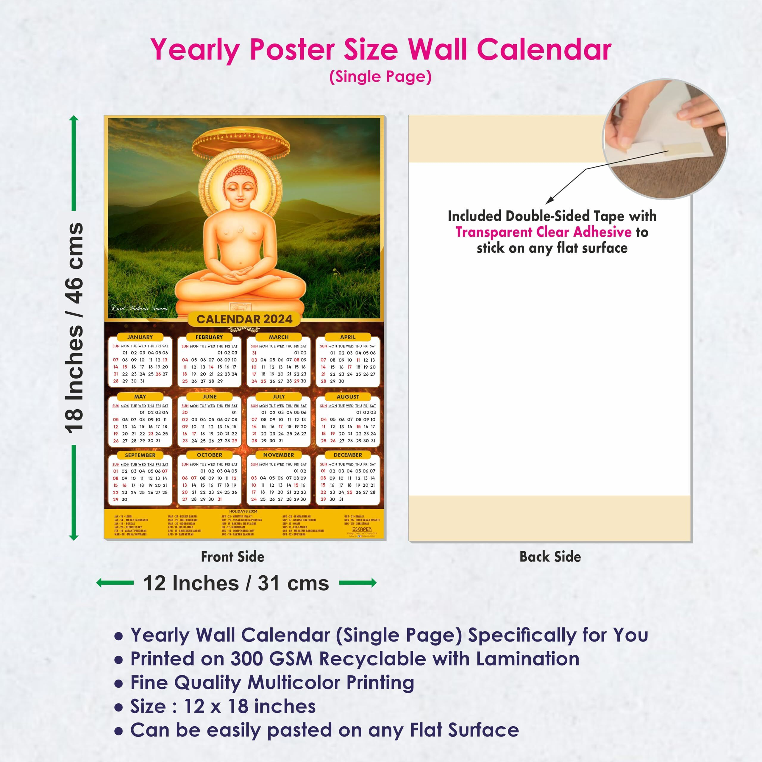 ESCAPER Lord Mahavir Swami Calendar 2024 for Wall Jain Single Page Yearly Wall Hanging Easy Application Perfect New Year Gift (Pack of 5 Units)
