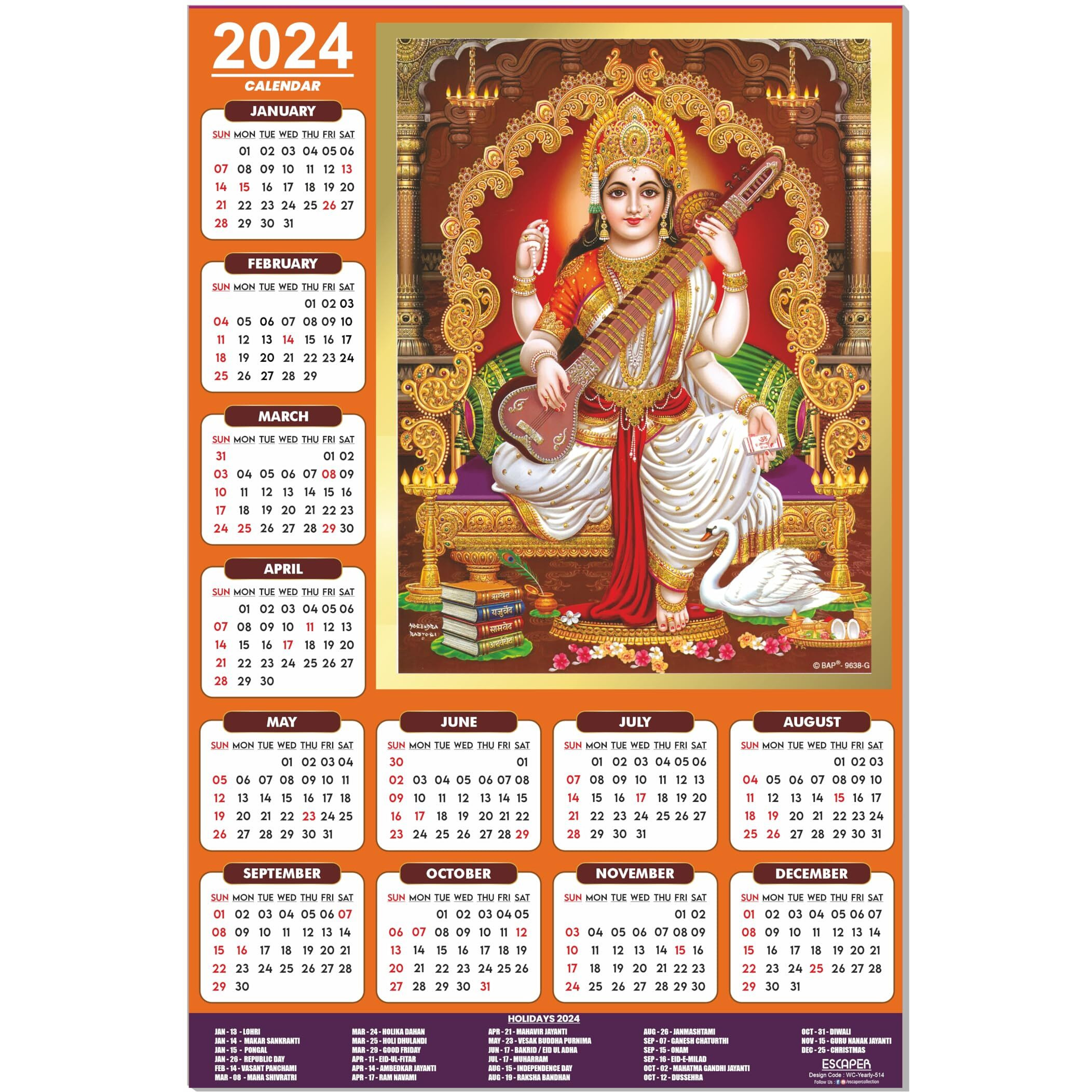 ESCAPER Goddess Saraswati Ji Calendar 2024 for Wall Unique Indian God Theme Wallpaper Easy Application Perfect New Year Gift (Pack of 5 Units)