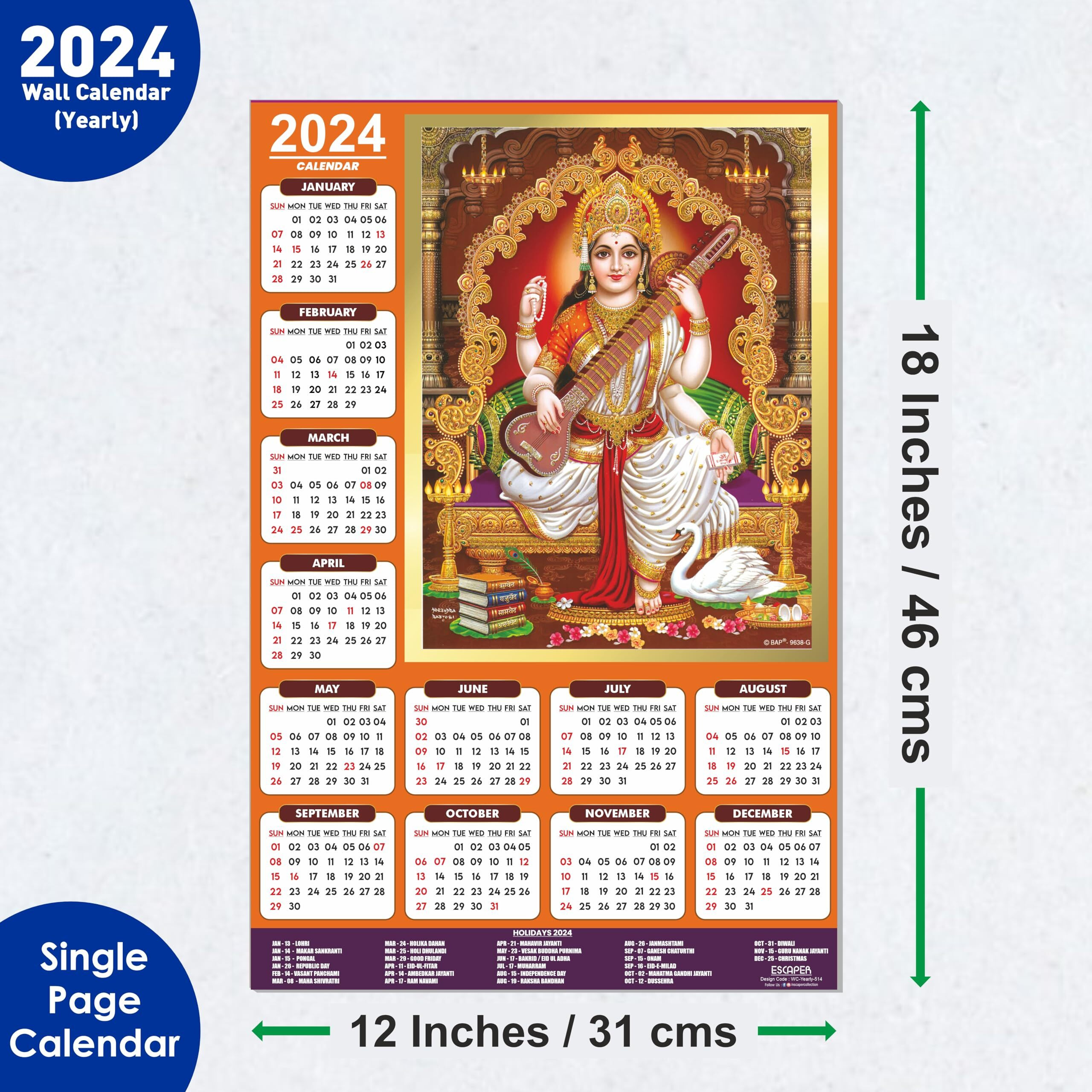 ESCAPER Goddess Saraswati Ji Calendar 2024 for Wall Unique Indian God Theme Wallpaper Easy Application Perfect New Year Gift (Pack of 5 Units)