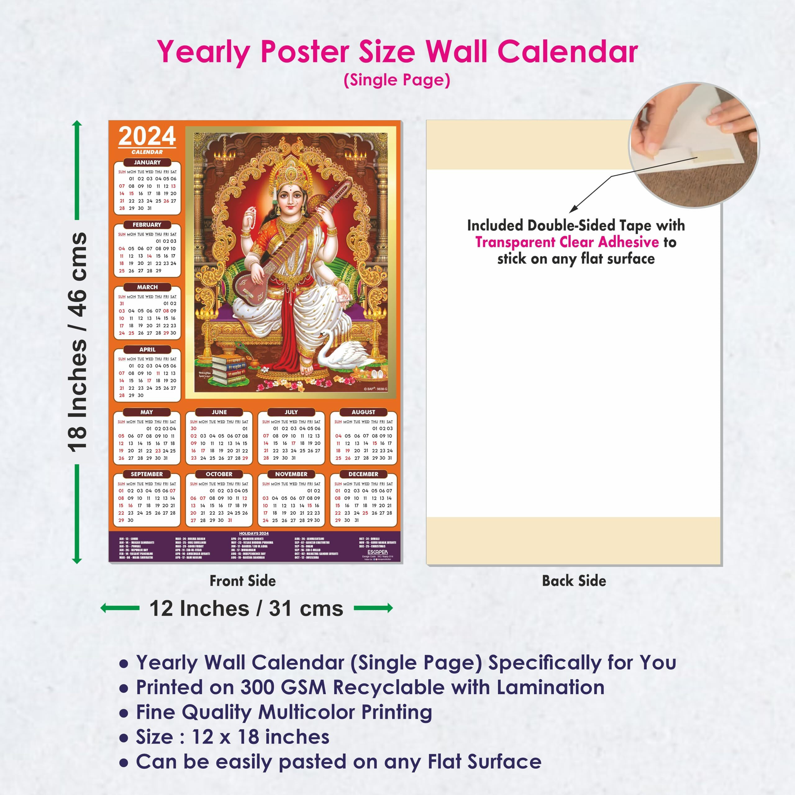 ESCAPER Goddess Saraswati Ji Calendar 2024 for Wall Unique Indian God Theme Wallpaper Easy Application Perfect New Year Gift (Pack of 5 Units)