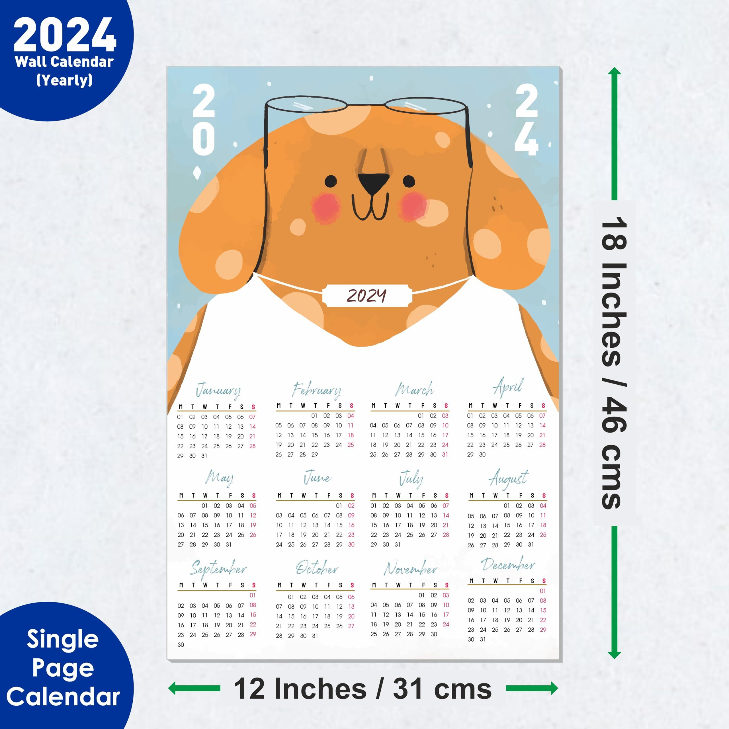 ESCAPER Teddy Bear Theme Wall Calendar 2024 for Wall Single Page Yearly Wall Hanging Easy Application Perfect New Year Gift (Pack of 10 Units)
