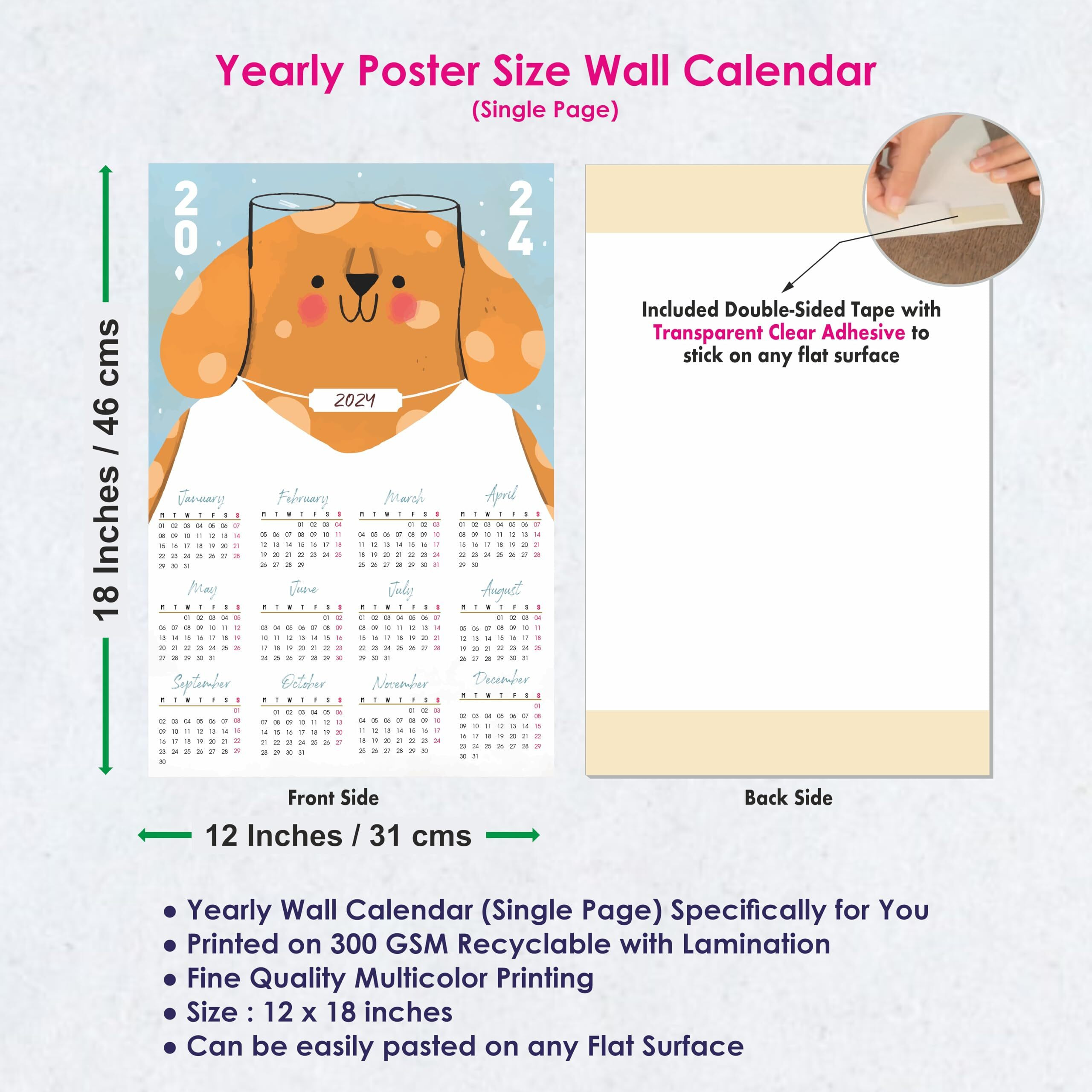 ESCAPER Teddy Bear Theme Wall Calendar 2024 for Wall Single Page Yearly Wall Hanging Easy Application Perfect New Year Gift (Pack of 10 Units)