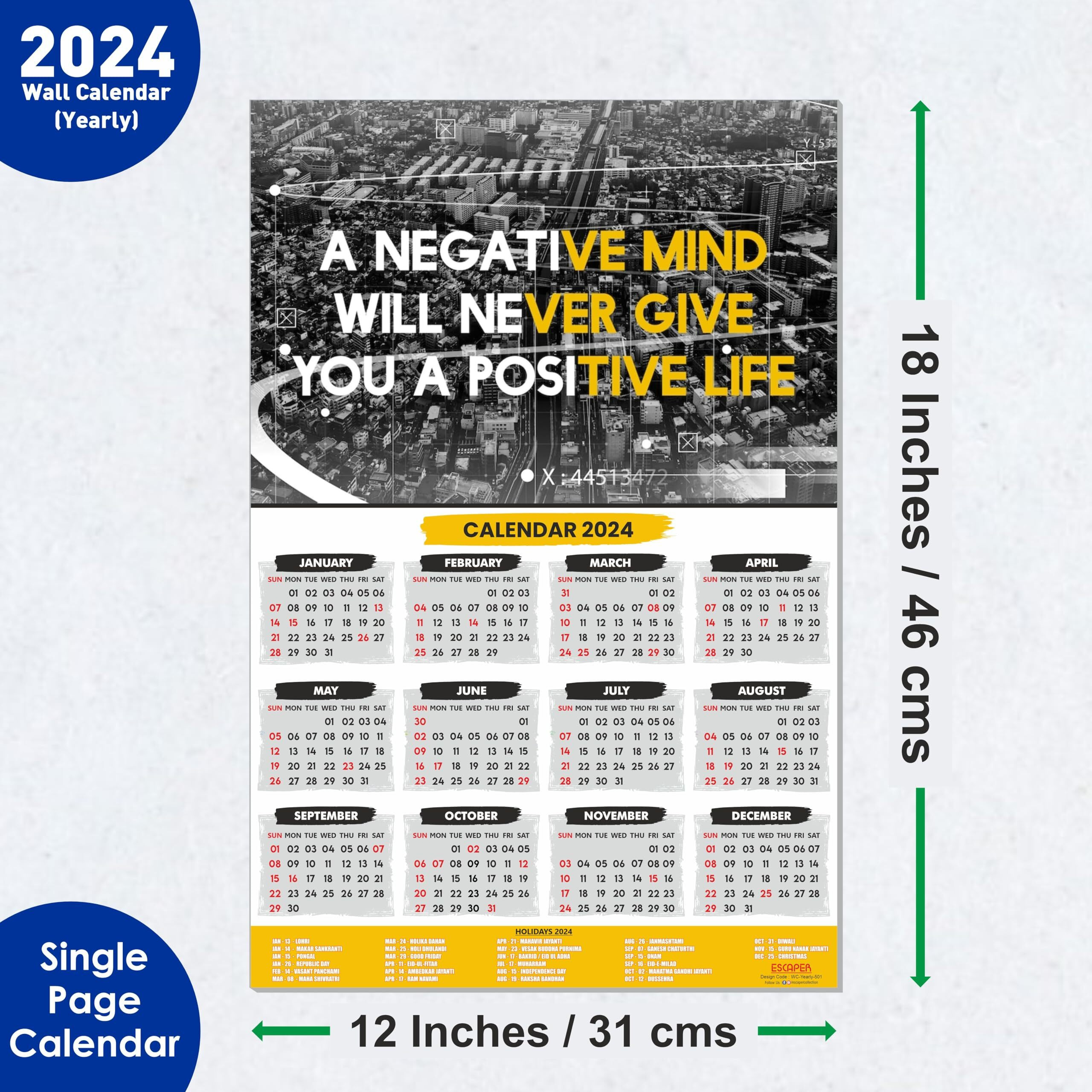 ESCAPER Positivity Theme Motivational Calendar 2024 for Wall Single Page Yearly Wall Hanging with Easy Application Perfect New Year Gift (Pack of 5 Units)