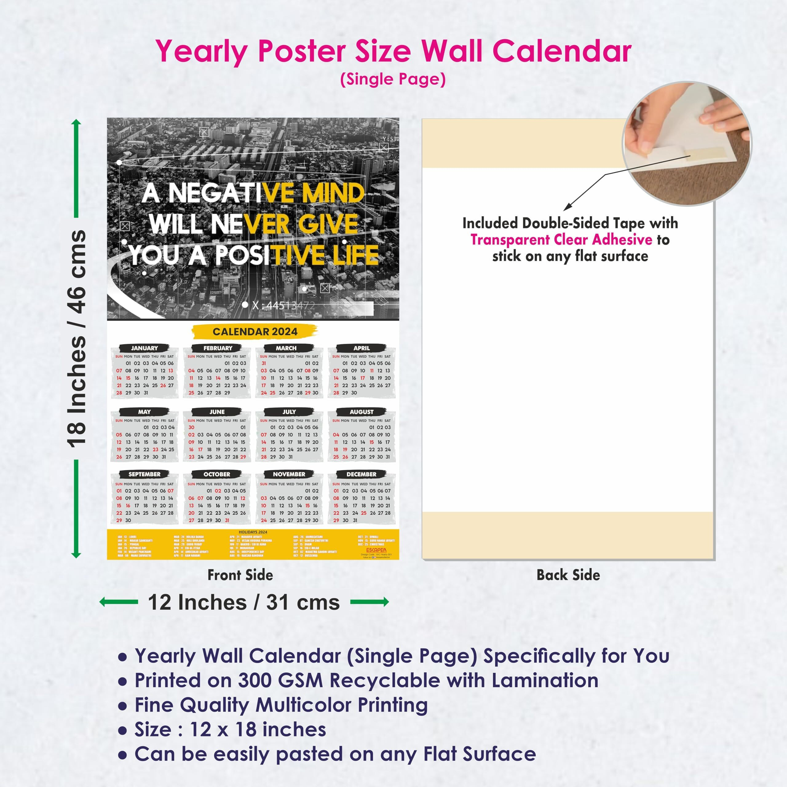 ESCAPER Positivity Theme Motivational Calendar 2024 for Wall Single Page Yearly Wall Hanging with Easy Application Perfect New Year Gift (Pack of 5 Units)