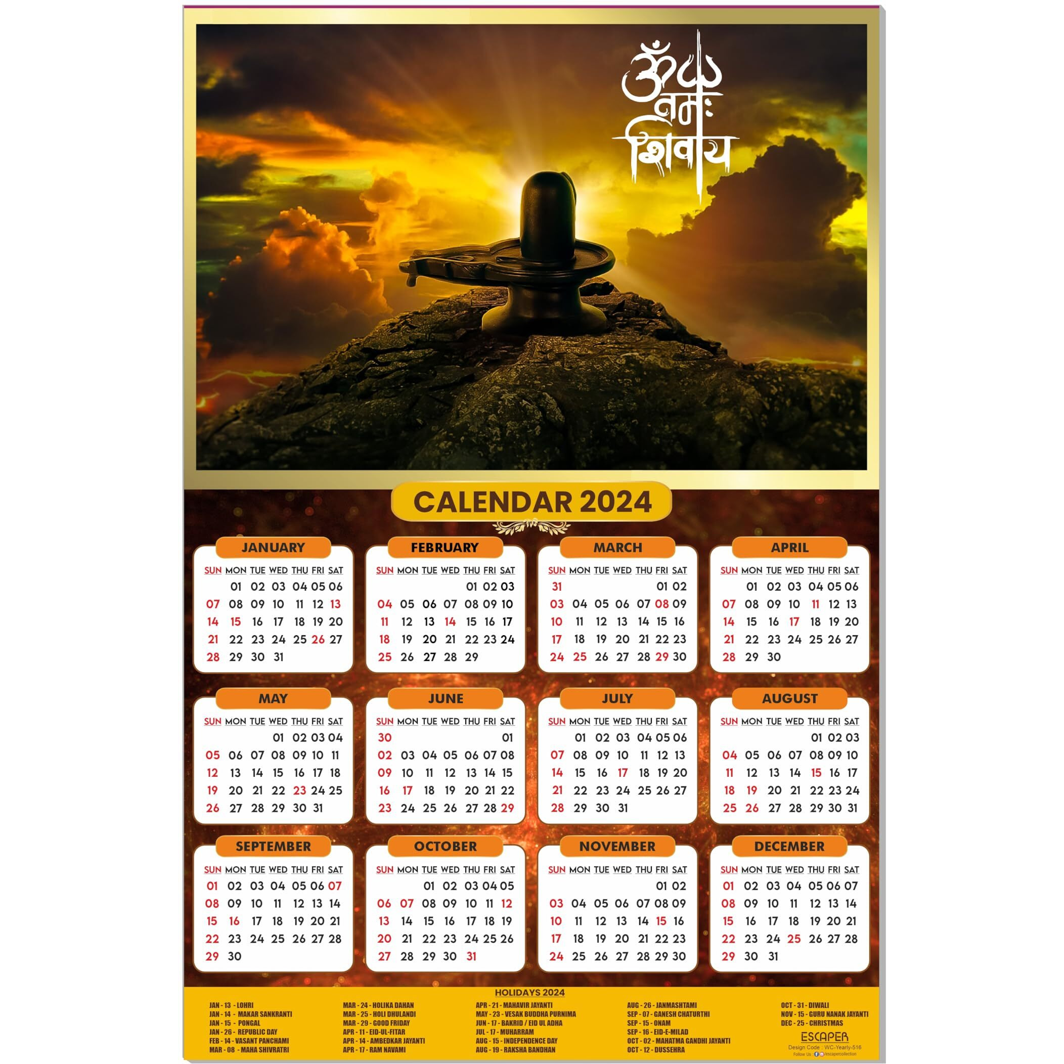 ESCAPER Bholenath Big Calendar 2024 for Wall Unique Religious Indian God Theme Wallpaper Easy Application Perfect New Year Gift (Pack of 5 Units)