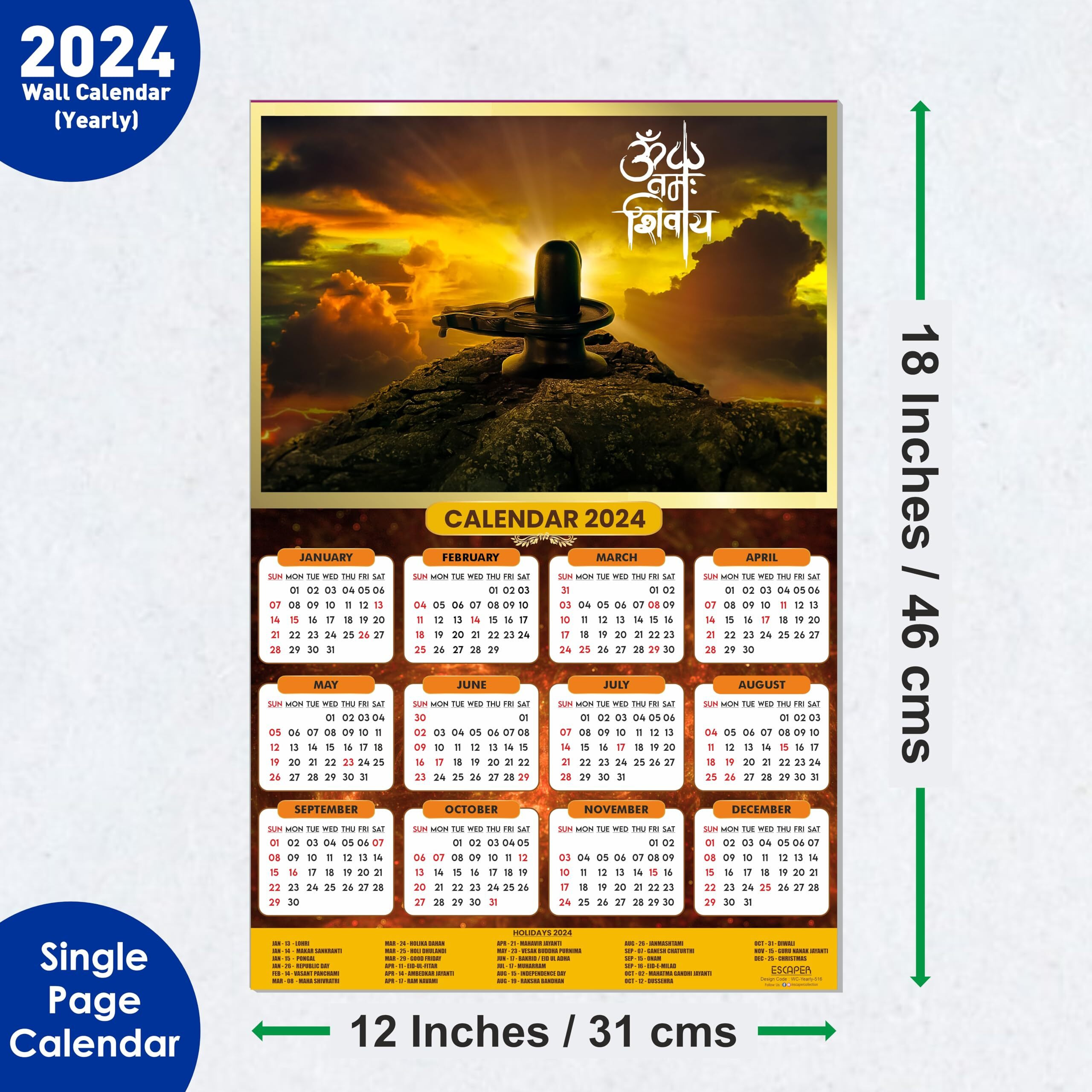 ESCAPER Bholenath Big Calendar 2024 for Wall Unique Religious Indian God Theme Wallpaper Easy Application Perfect New Year Gift (Pack of 5 Units)